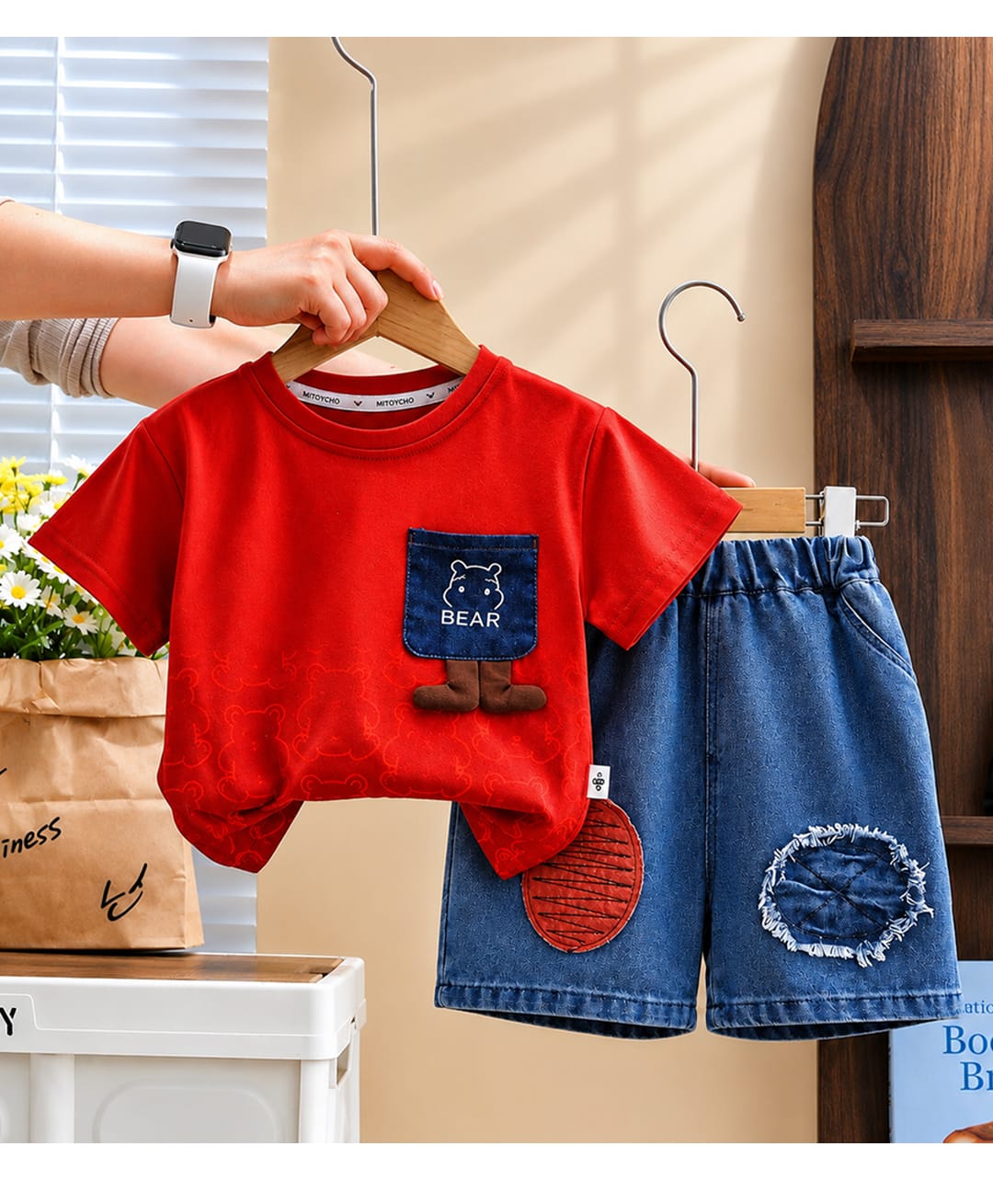 POP STREET KIDS Cotton Blend Knit Half Sleeves Bear Printed Tee & Shorts Set - Red-image-40