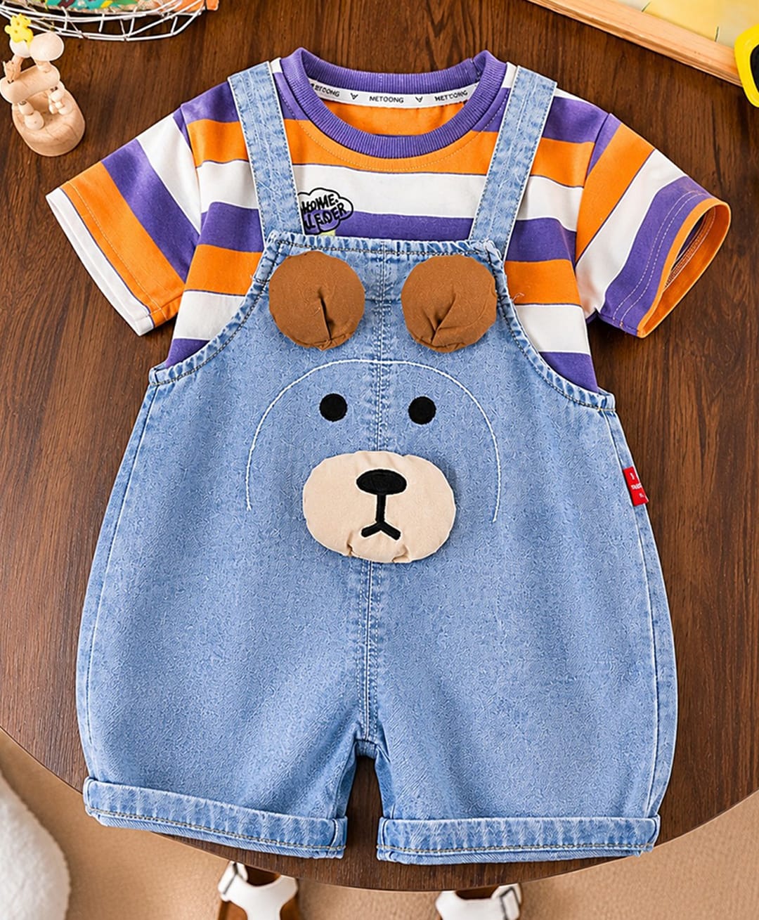 POP STREET KIDS Cotton Blend Knit Teddy Applique Detailed Dungaree With Half Sleeves Striped Tee - Orange-image-16