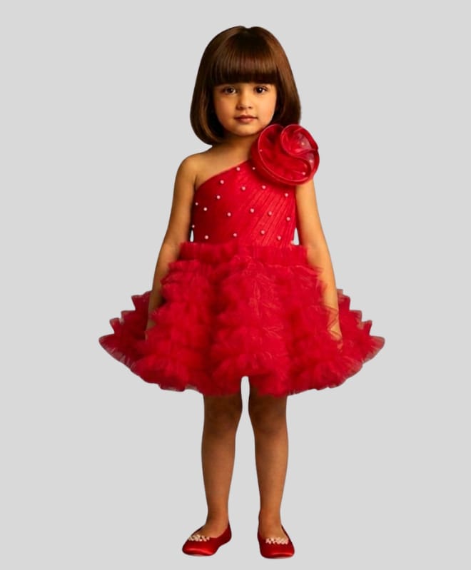 PinkCow Net Woven One Shoulder Pearl Embellished & Floral Applique Detailed Dress - Red-picture-14