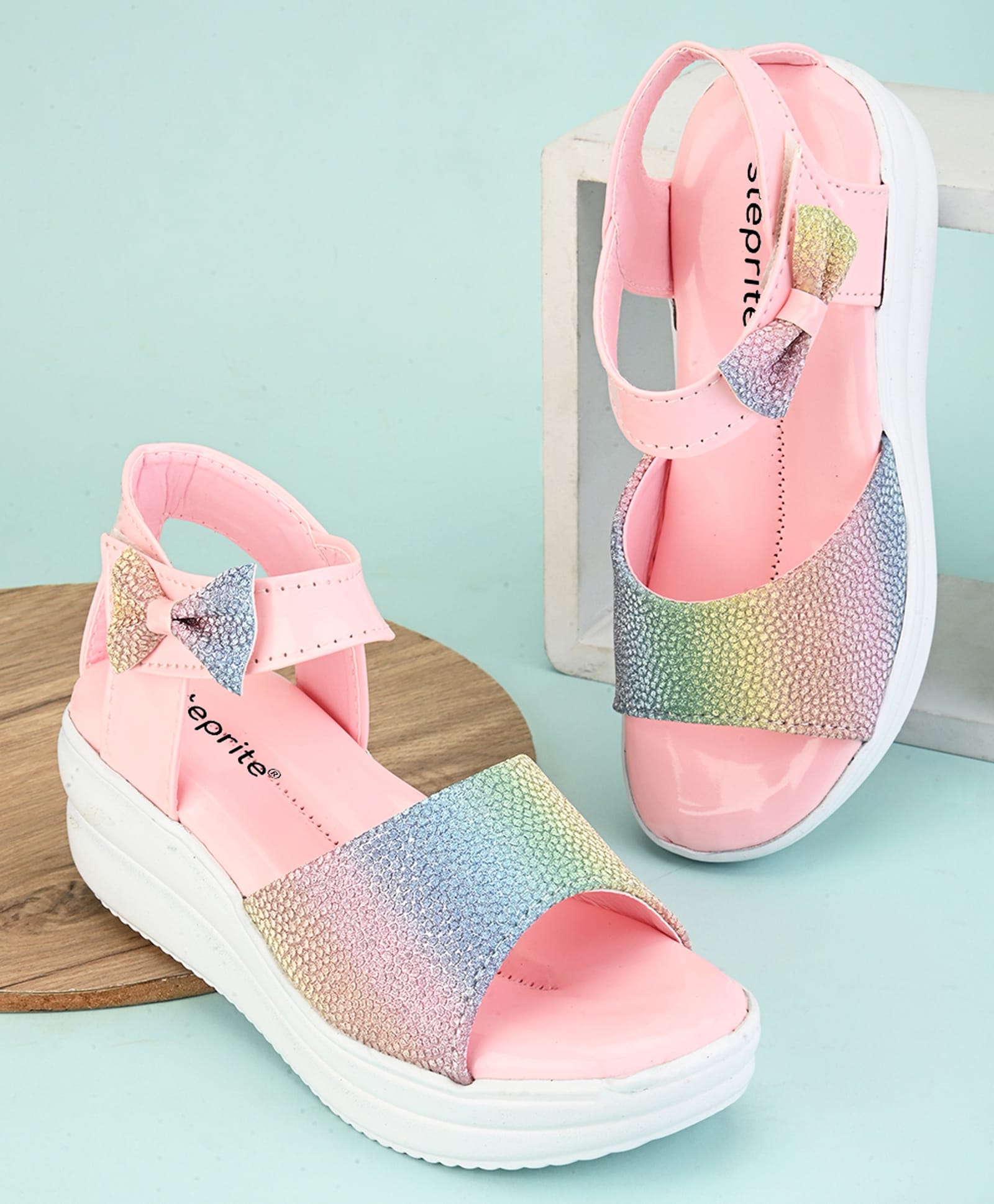 Steprite Rainbow Glitter & Bow Applique Detailed Velcro Closure Sandals - Pink-picture-44