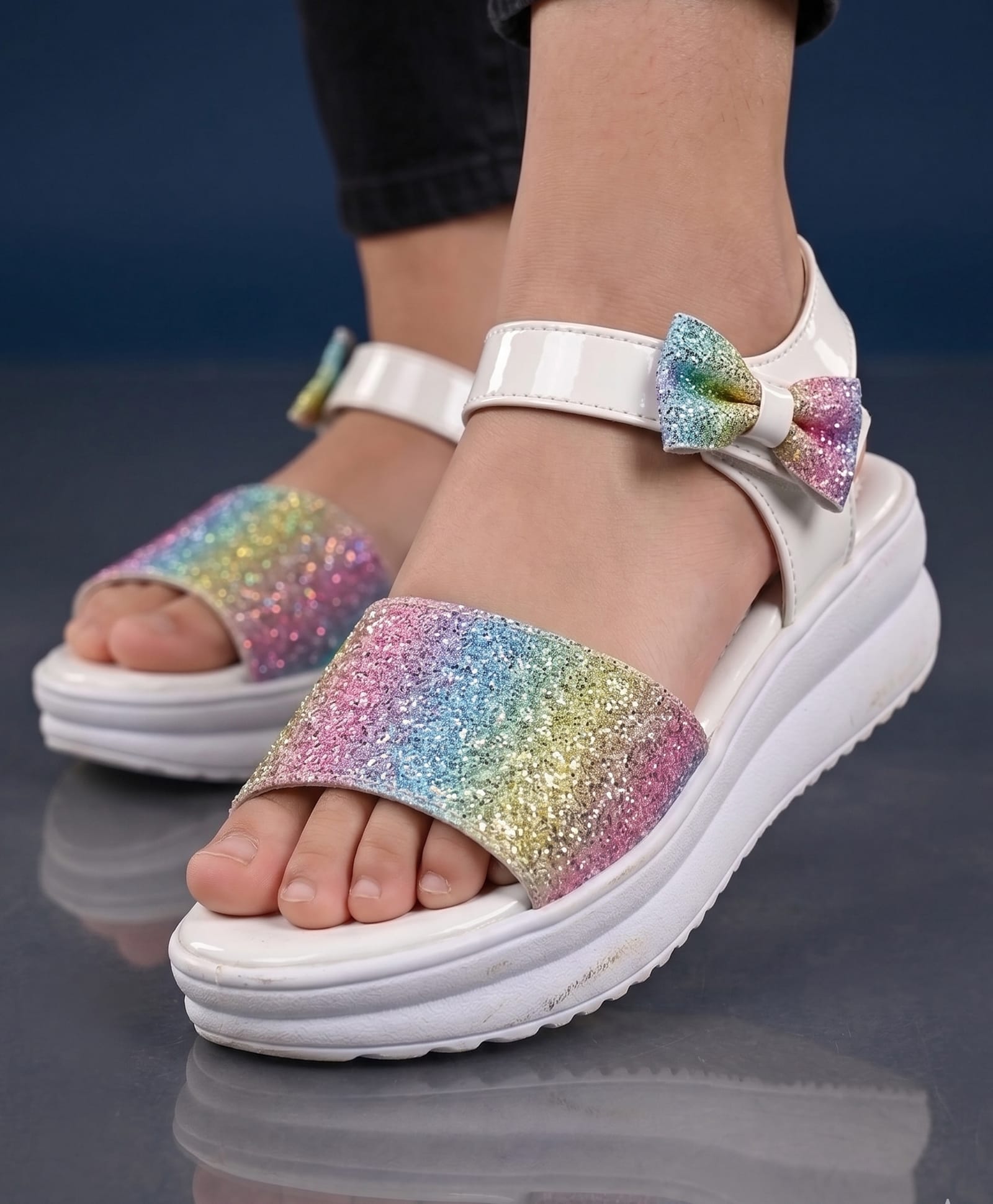 Steprite Rainbow Glitter & Bow Applique Detailed Velcro Closure Sandals - White-image-40