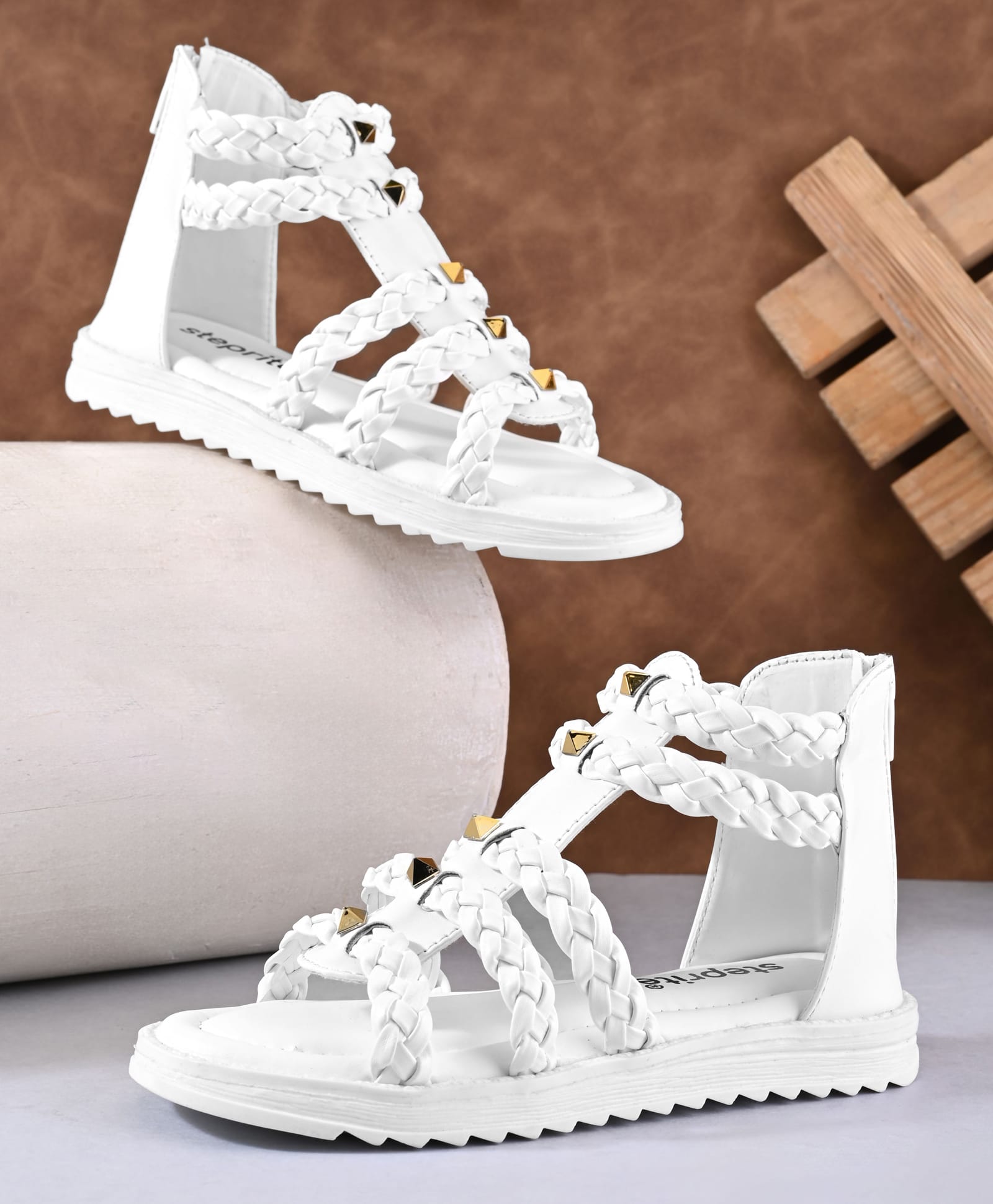 Steprite Metal Applique & Braid Detailed Zipper Closure Sandals - White-picture-16