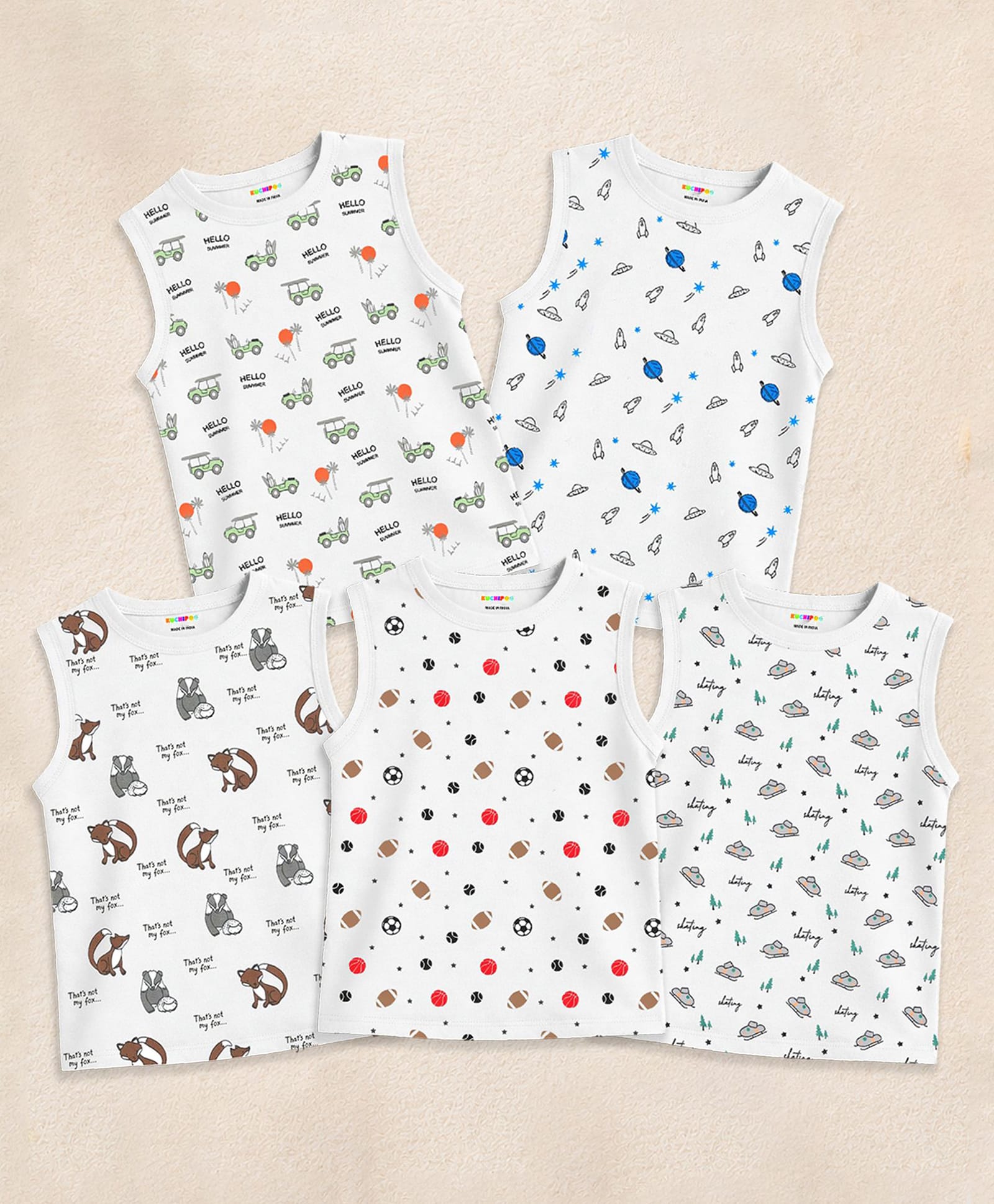 KUCHIPOO Cotton Blend Knit Pack Of 5 Sleeveless Animal Space Theme & Vehicle Printed Tees - White Blue Green Red & Brown-picture-26