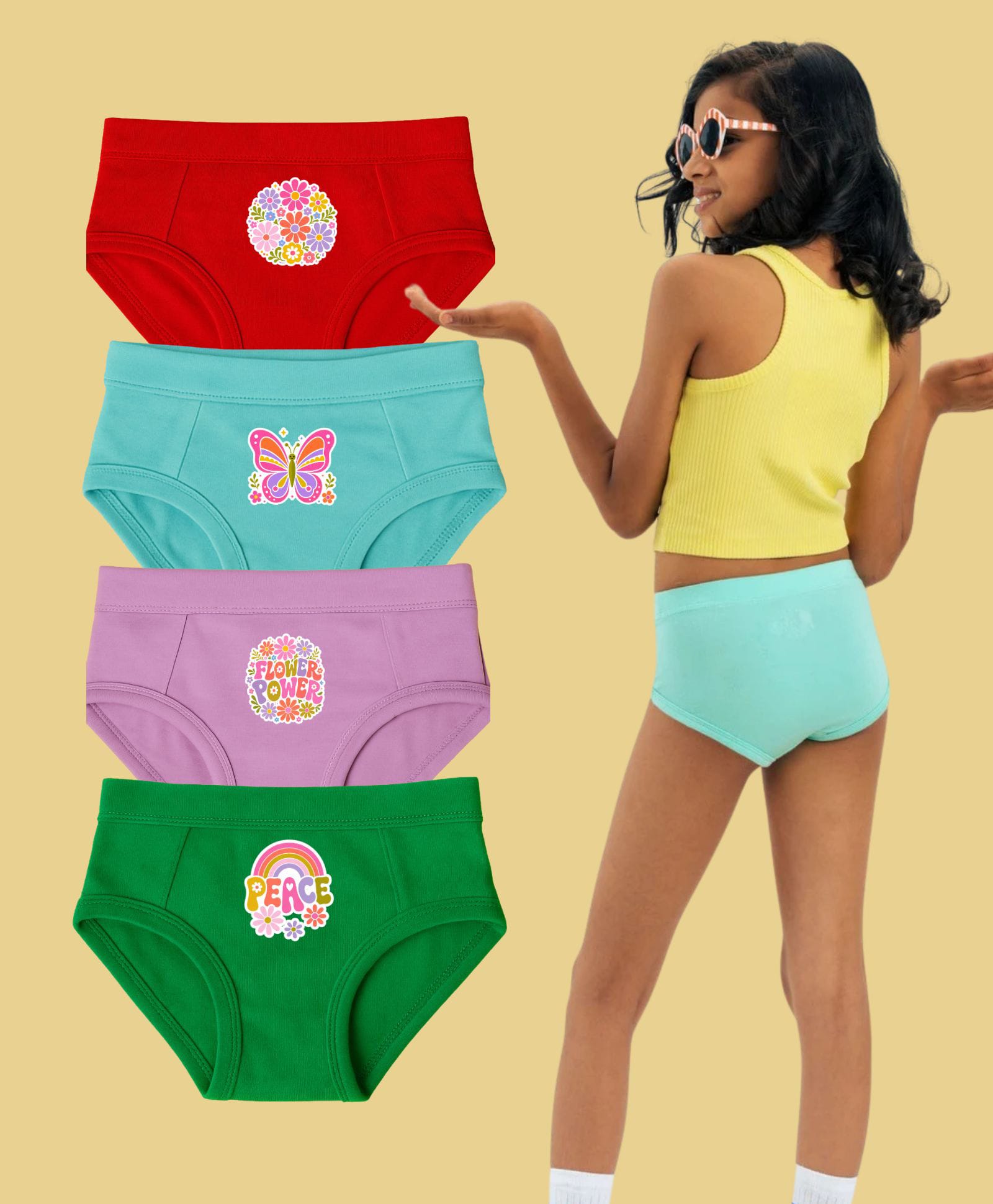 THE COVER UP PROJECT Modal Knit Pack Of 4 Floral Butterfly & Rainbow Printed Panties - Red Light Blue Mauve & Green-picture-14