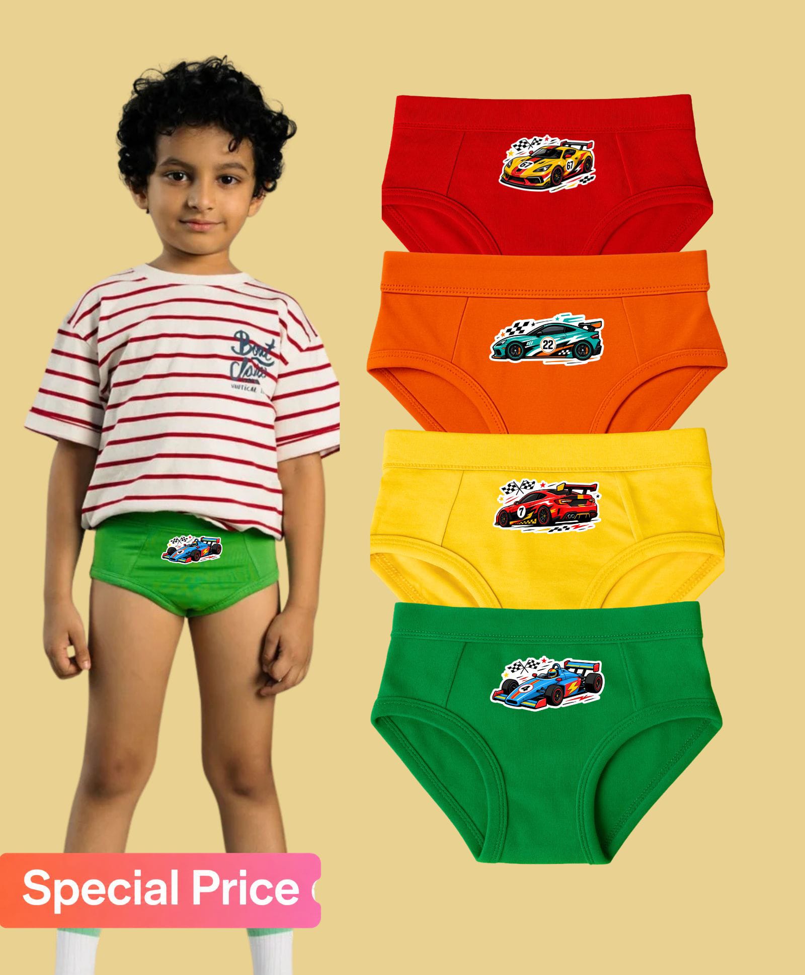 THE COVER UP PROJECT Modal Knit Pack Of 4 Cars Printed Briefs - Red Orange Yellow & Green-picture-16