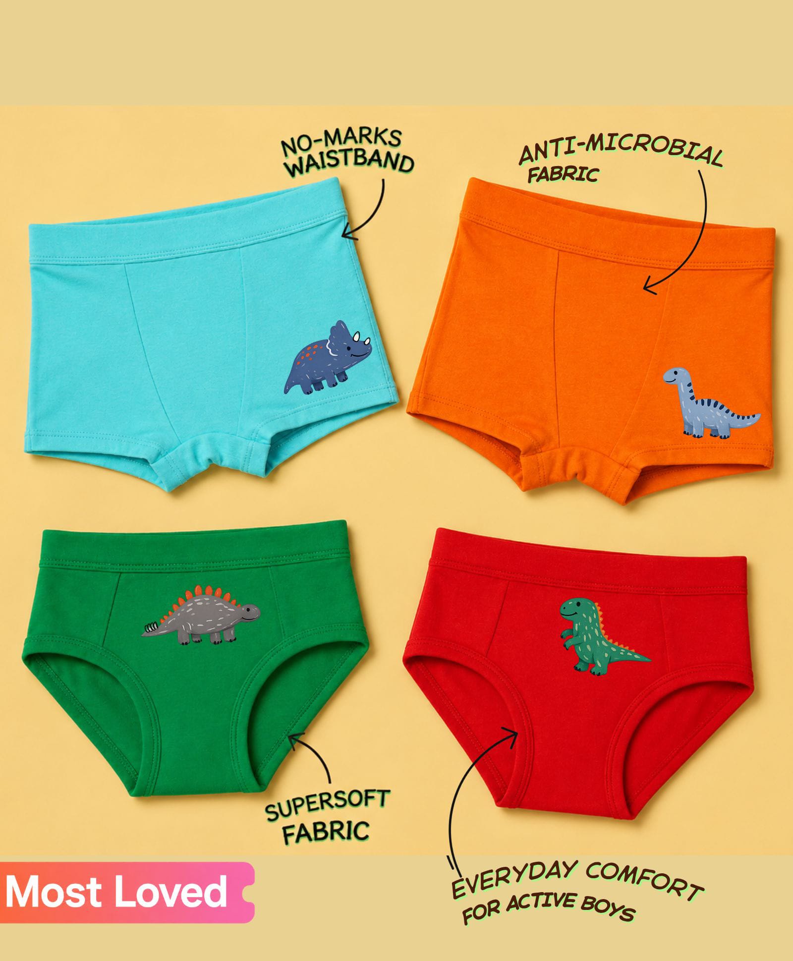 THE COVER UP PROJECT Modal Knit Pack Of 4 Dinosaurs Printed Briefs & Boxers - Light Blue Orange Green & Red-picture-14