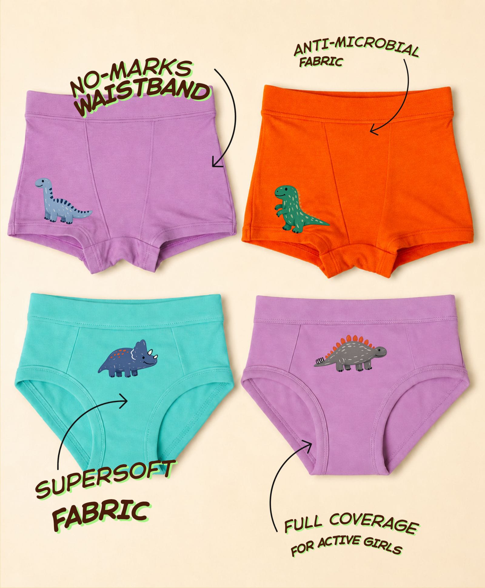 THE COVER UP PROJECT Modal Knit Pack Of 4 Dinosaurs Printed Boyshorts & Panties - Mauve Orange & Light Blue-picture-10
