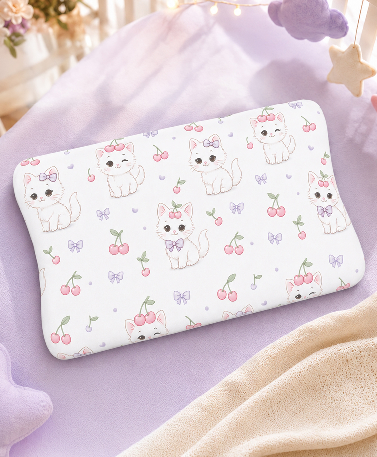 Mi Arcus Cute Cat Printed Ultra-Soft Breathable Baby Pillow- White-picture-38