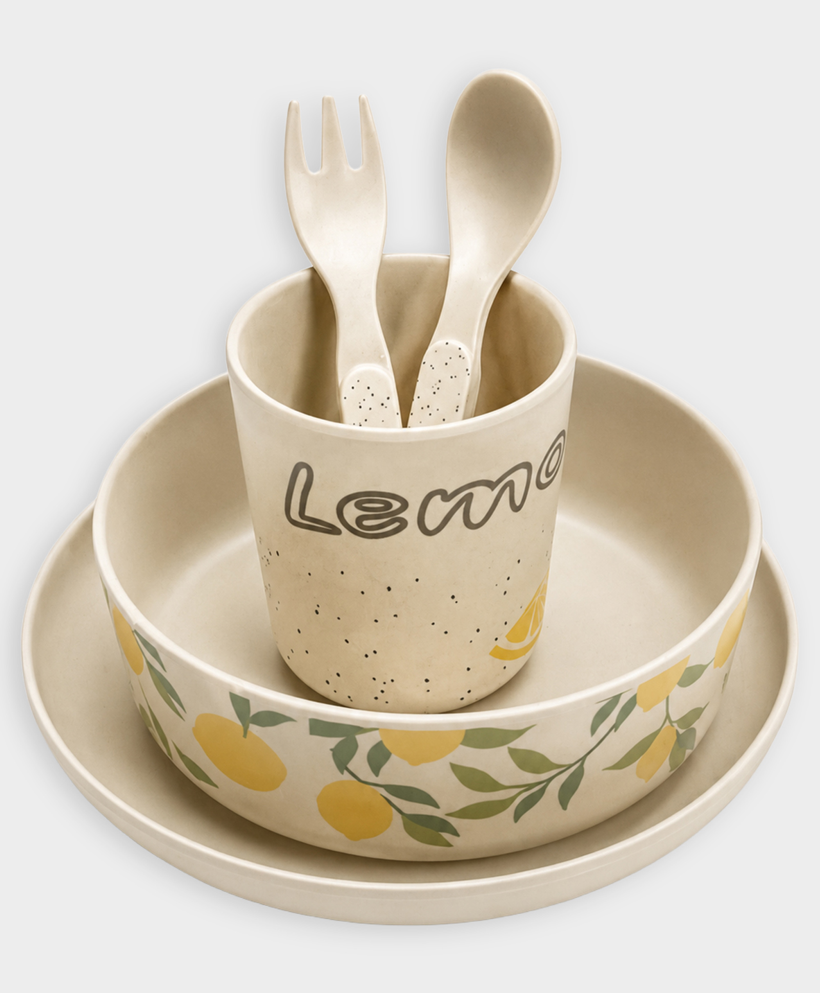 Mi Arcus 100% Melamine Lemonade Printed Dinner Set Pack of 5 Plate, Bowl,Glass, Fork & Spoon- Beige-image-7