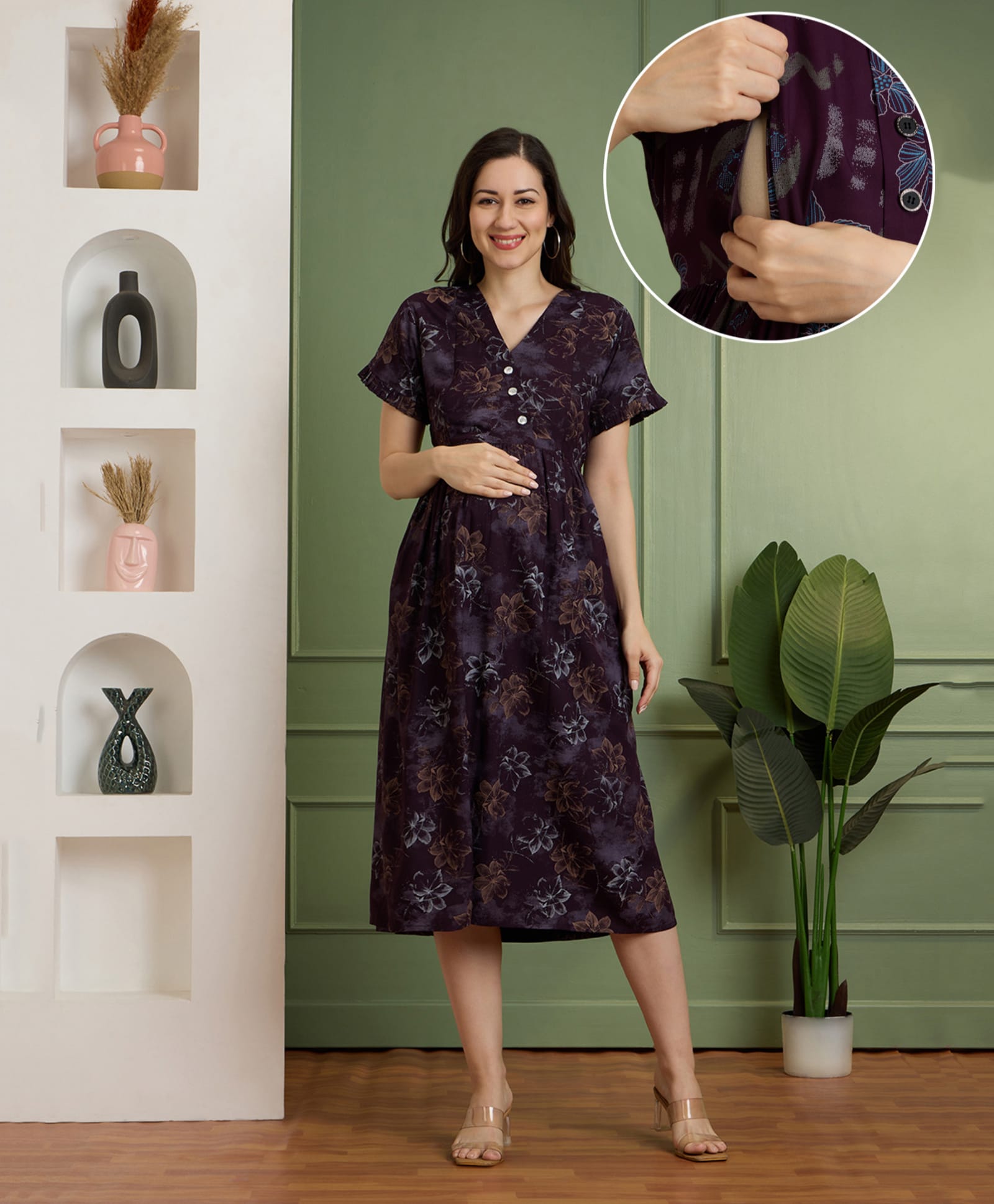 NIGHTSPREE Rayon Woven Half Sleeves Floral Printed Maternity Dress With Side Zipper Nursing Access - Purple-picture-37