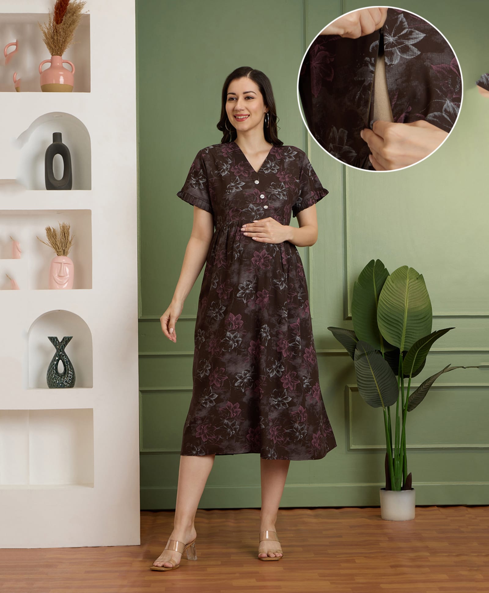 NIGHTSPREE Rayon Woven Half Sleeves Floral Printed Maternity Dress With Side Zipper Nursing Access - Brown-picture-34