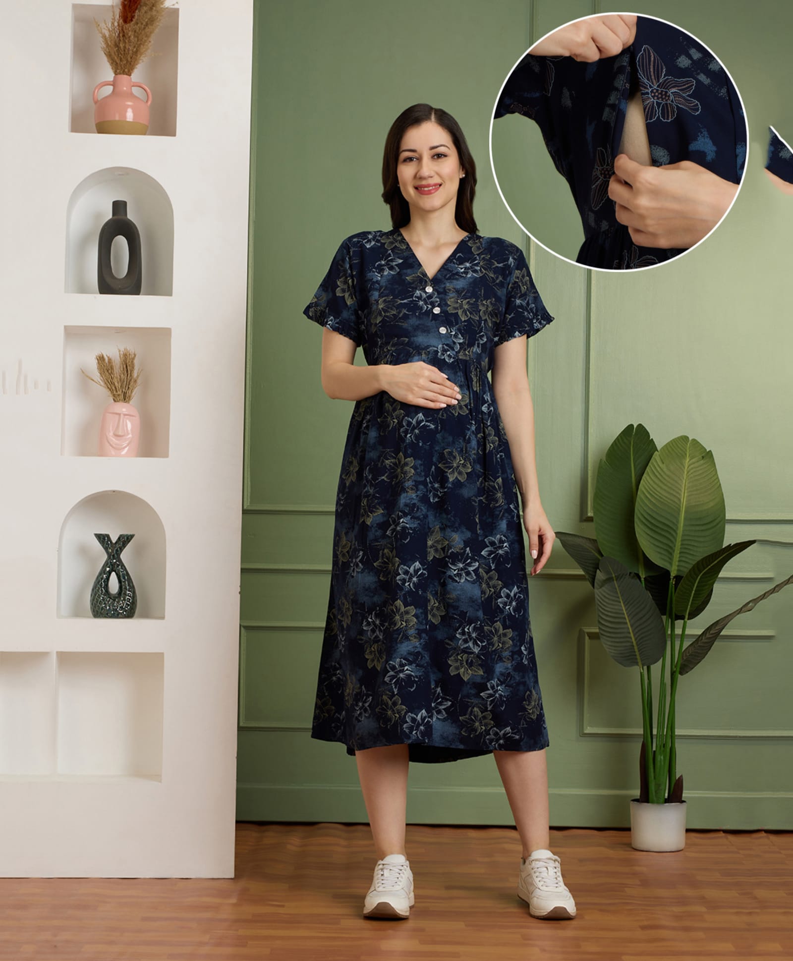 NIGHTSPREE Rayon Woven Half Sleeves Floral Printed Maternity Dress With Side Zipper Nursing Access - Navy Blue-picture-38