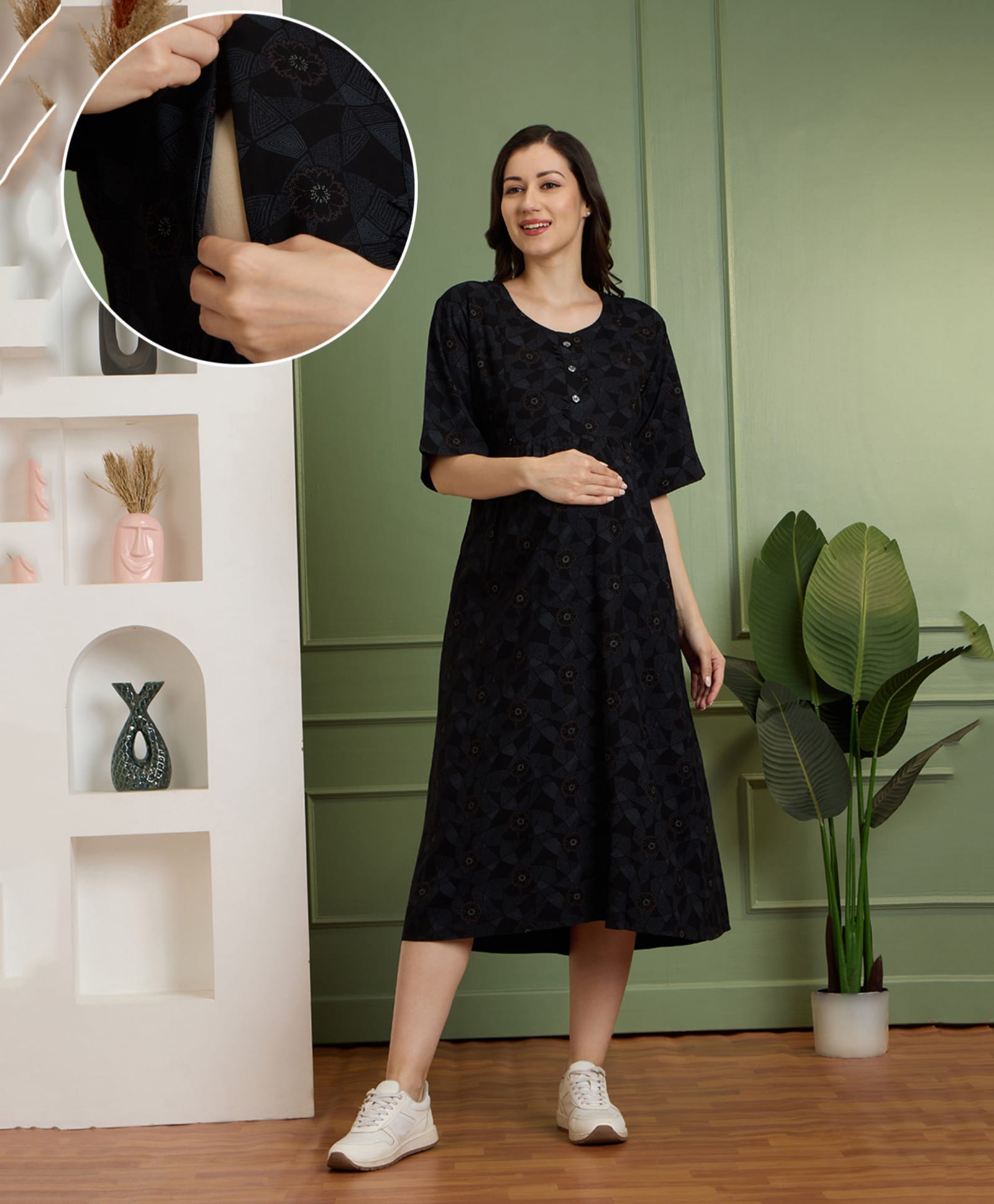 NIGHTSPREE Rayon Woven Three Fourth Sleeves Floral & Geometric Printed Maternity Dress With Side Zipper Nursing Access - Black-picture-34