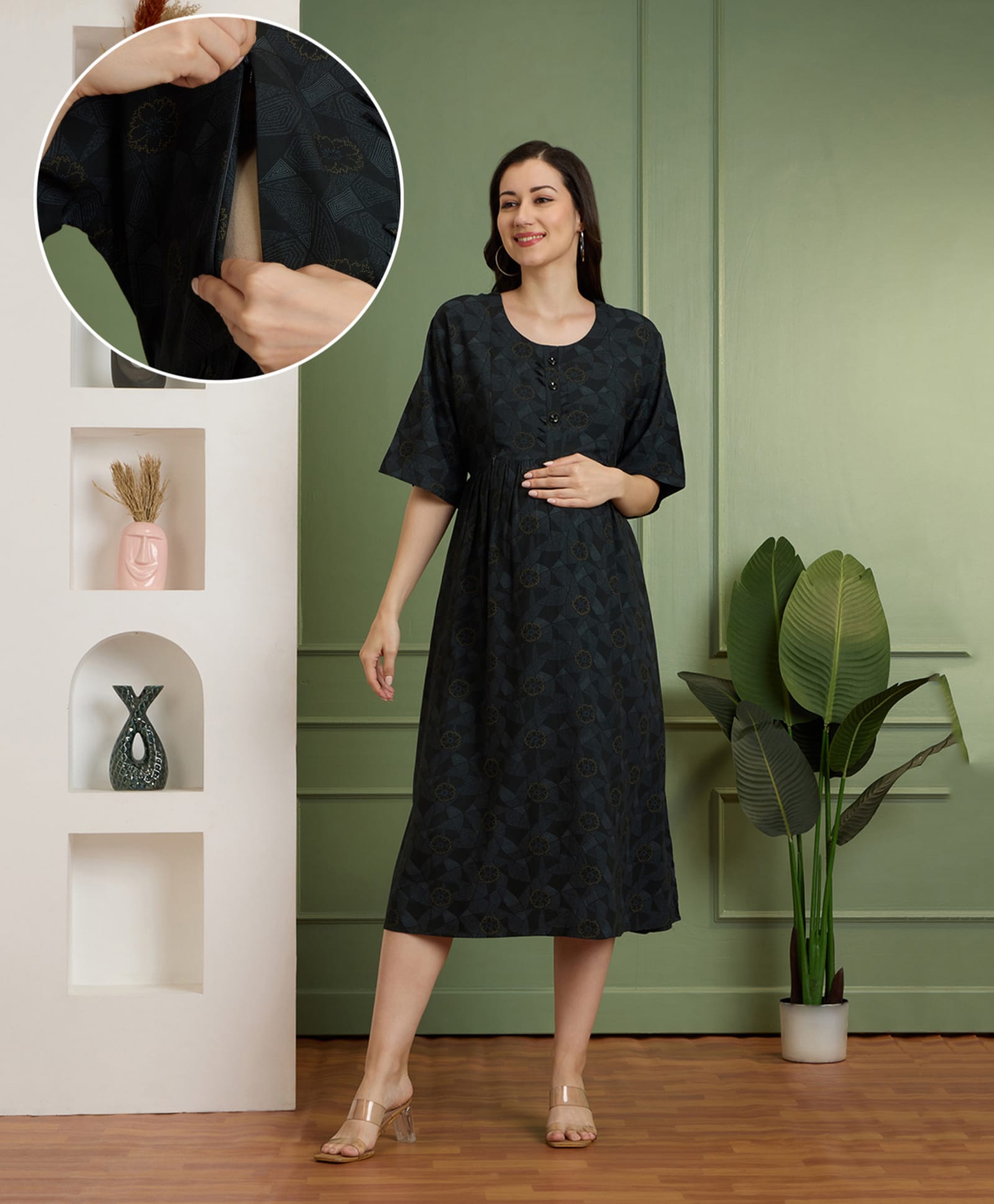 NIGHTSPREE Rayon Woven Three Fourth Sleeves Floral & Geometric Printed Maternity Dress With Side Zipper Nursing Access - Dark Green-image-16