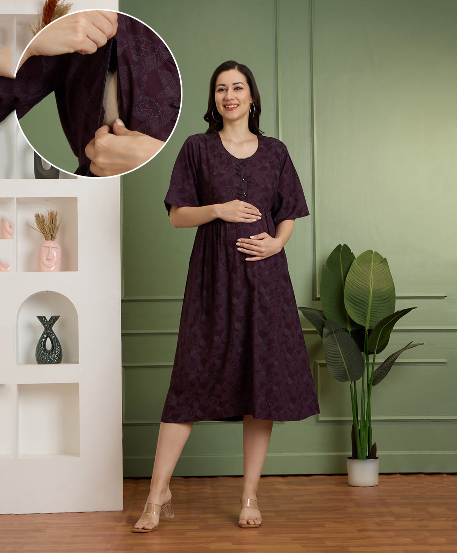 NIGHTSPREE Rayon Woven Three Fourth Sleeves Floral & Geometric Printed Maternity Dress With Side Zipper Nursing Access - Maroon-picture-21