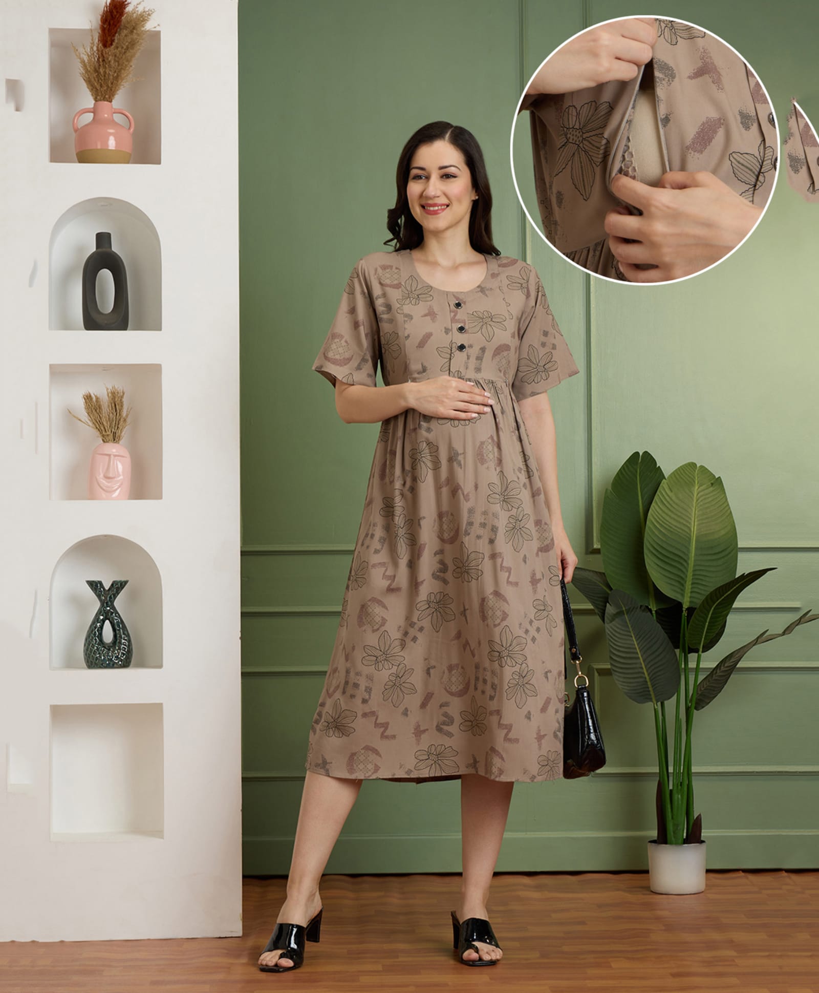 NIGHTSPREE Rayon Woven Half Sleeves Floral Printed Maternity Dress With Side Zipper Nursing Access - Brown-picture-32