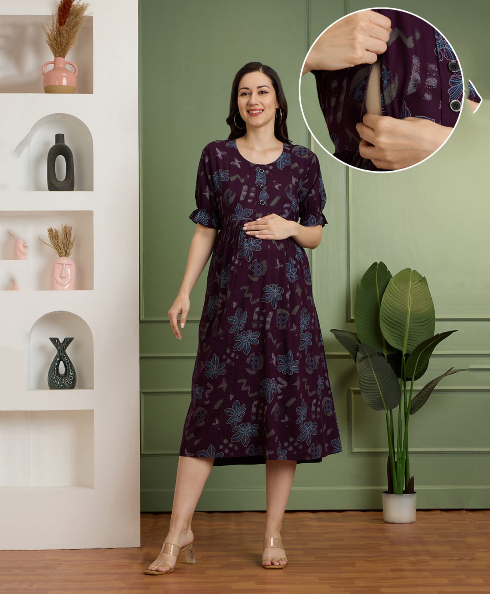 NIGHTSPREE Rayon Woven Half Sleeves Floral Printed Maternity Dress With Side Zipper Nursing Access - Maroon-picture-33