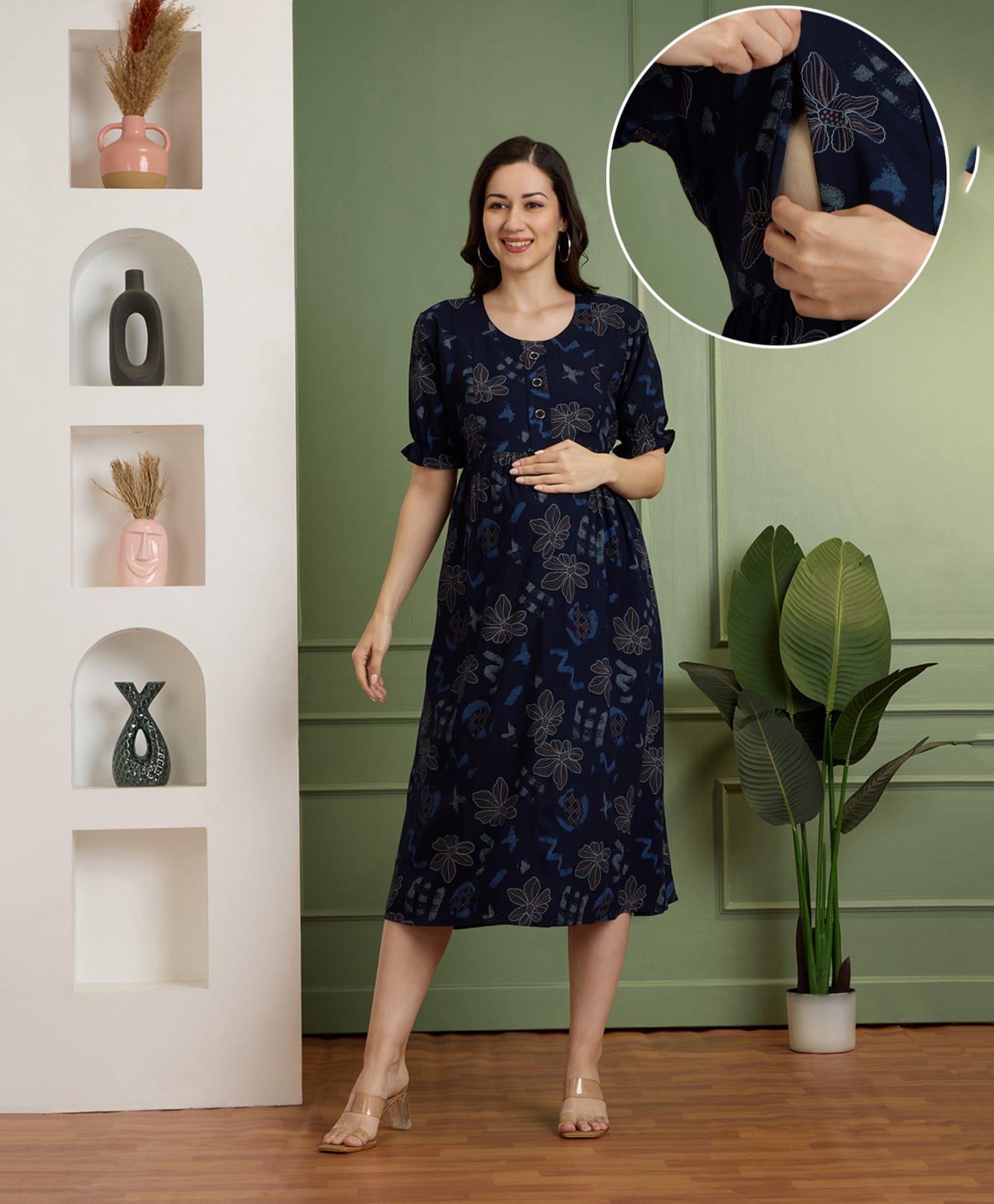 NIGHTSPREE Rayon Woven Half Sleeves Floral Printed Maternity Dress With Side Zipper Nursing Access - Navy Blue-picture-30