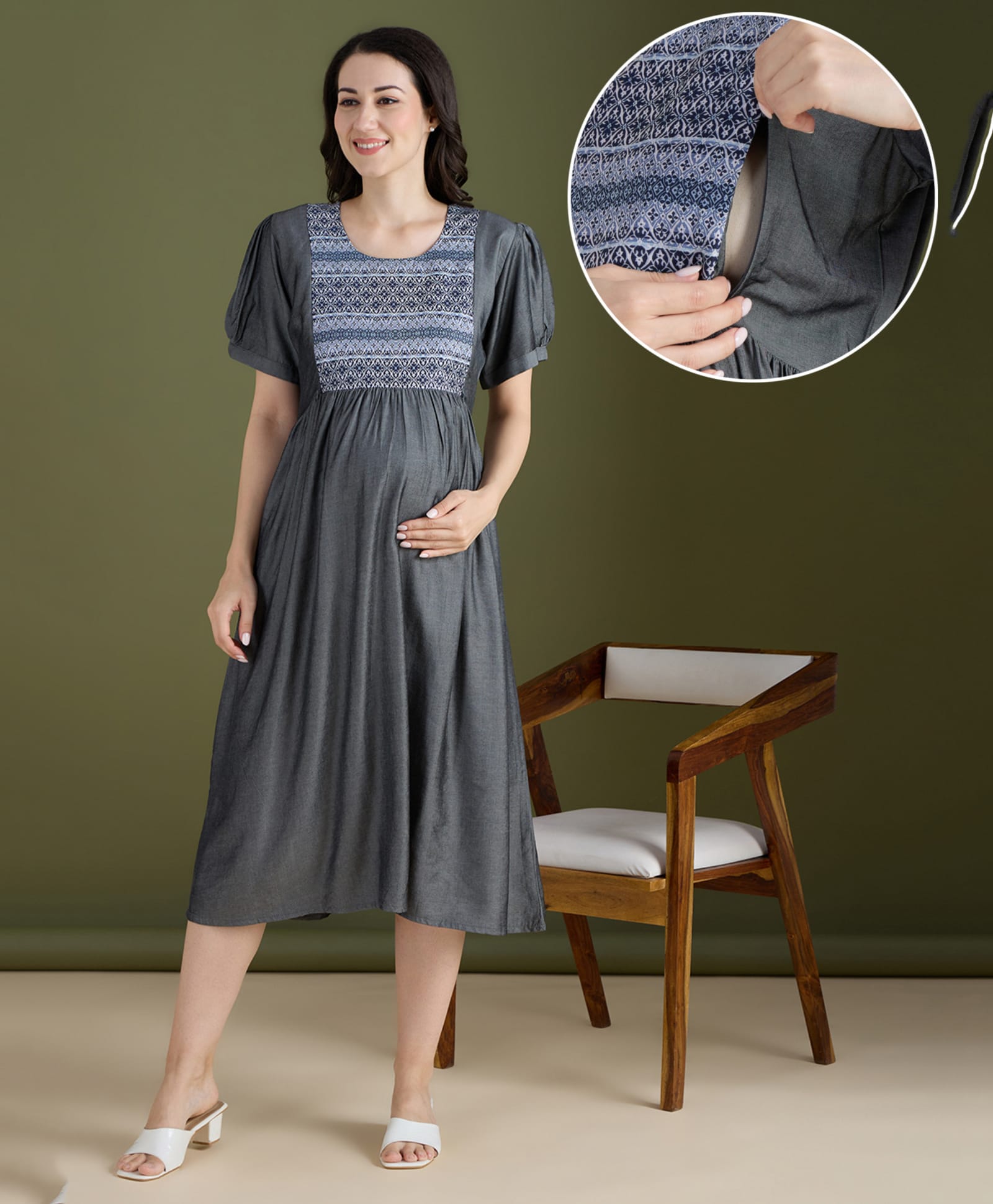 NIGHTSPREE Denim Woven Half Sleeves Abstract Printed Maternity Dress With Side Zipper Nursing Access - Grey-image-2