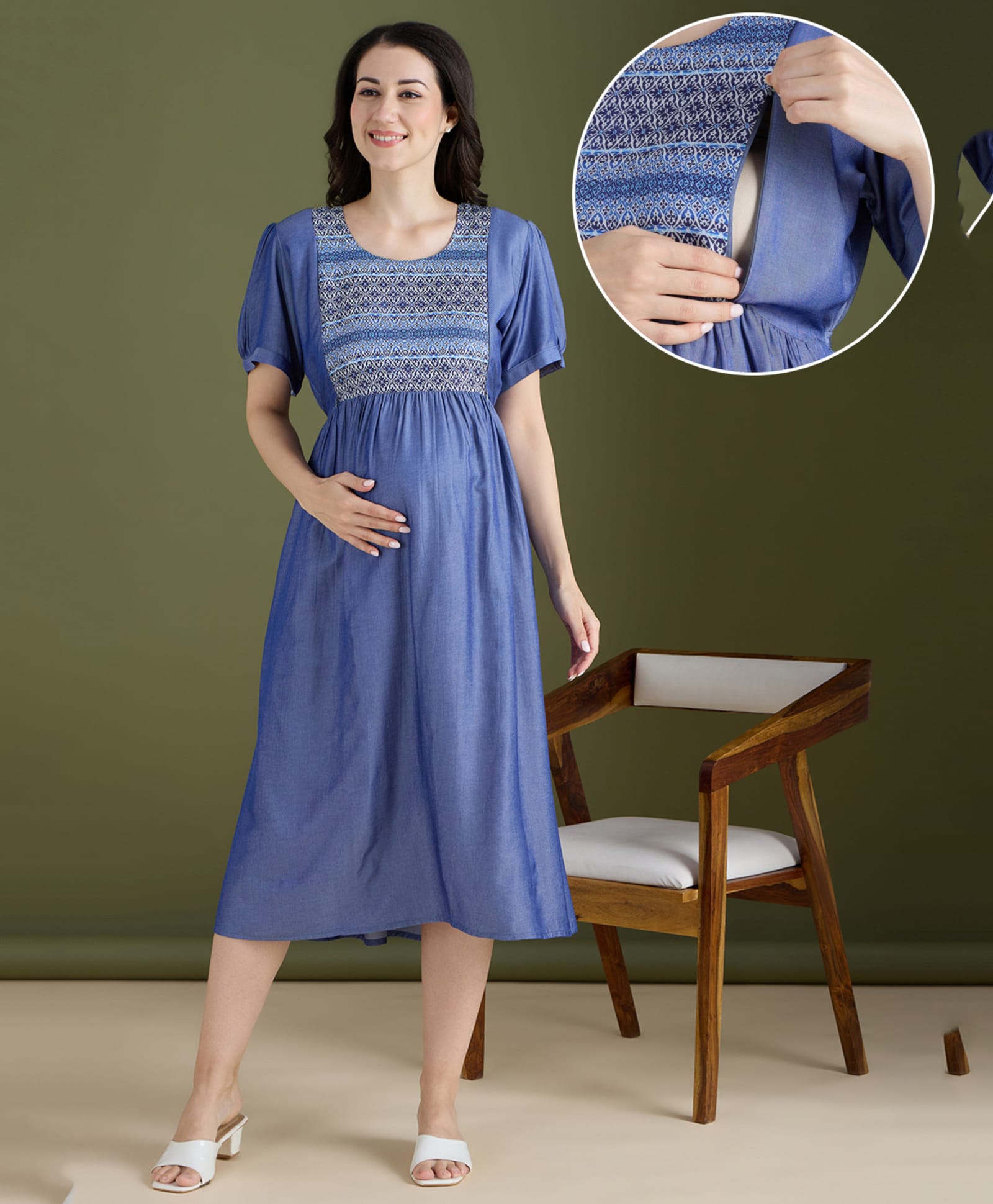 NIGHTSPREE Denim Woven Half Sleeves Abstract Printed Maternity Dress With Side Zipper Nursing Access - Blue-picture-8