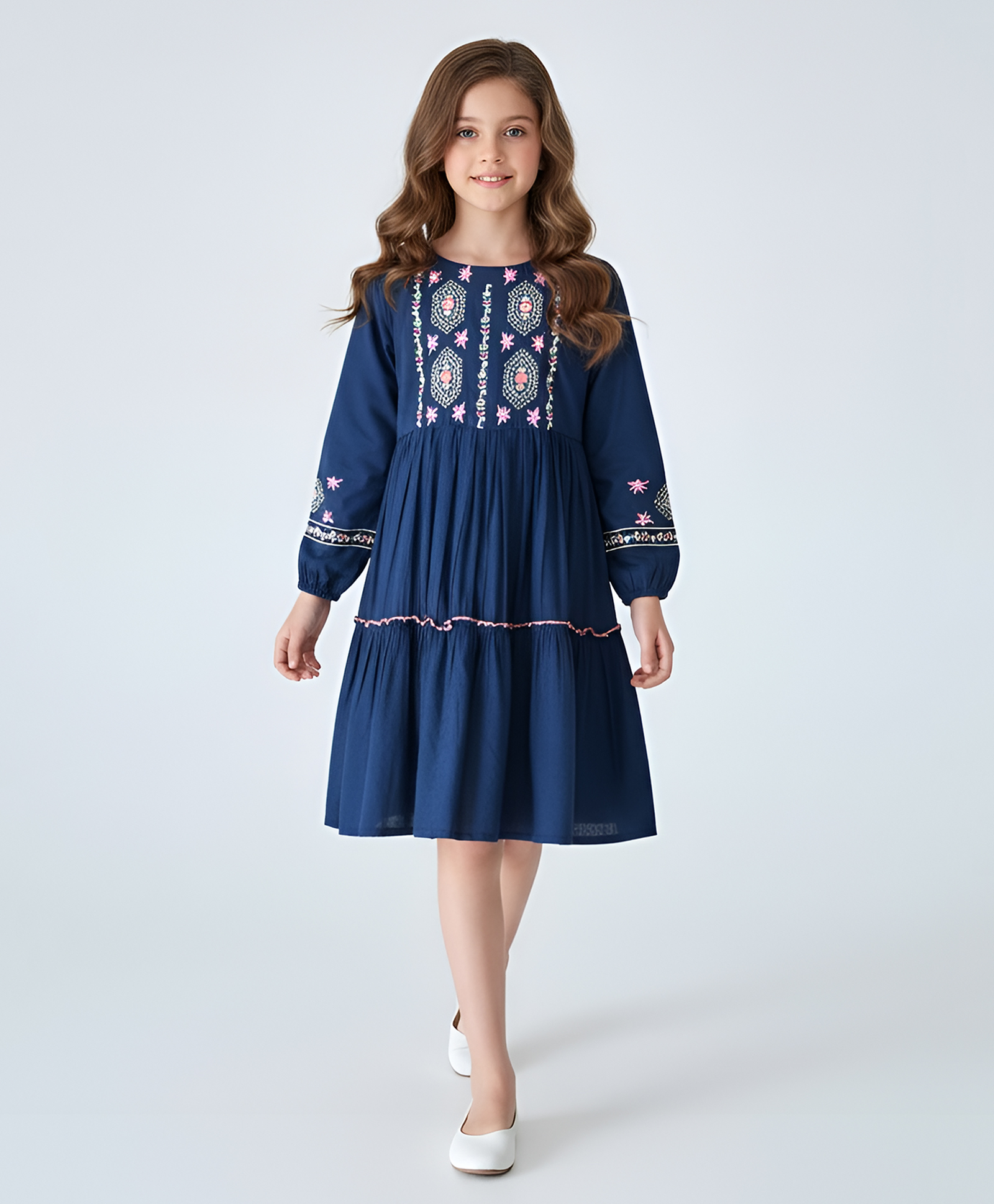 Bella Moda Cotton Woven Full Sleeves Floral Embroidered Dress - Navy Blue-picture-29