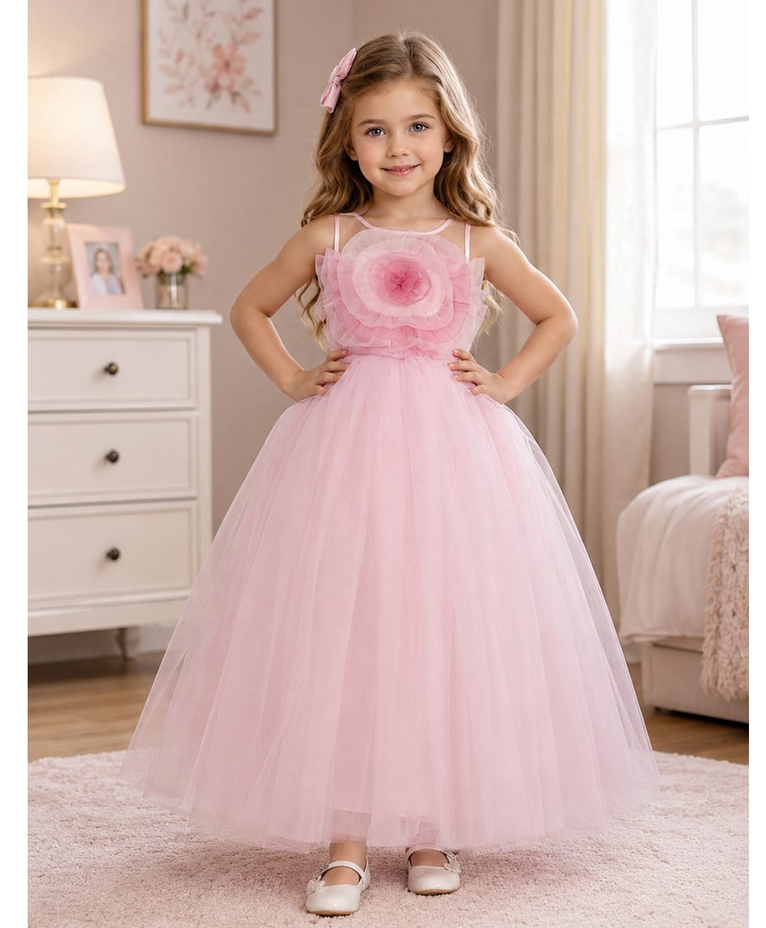 Toy Balloon Kids Satin Mesh Sleeveless Ruffle & Floral Applique Detailed Gown - Baby Pink-image-47