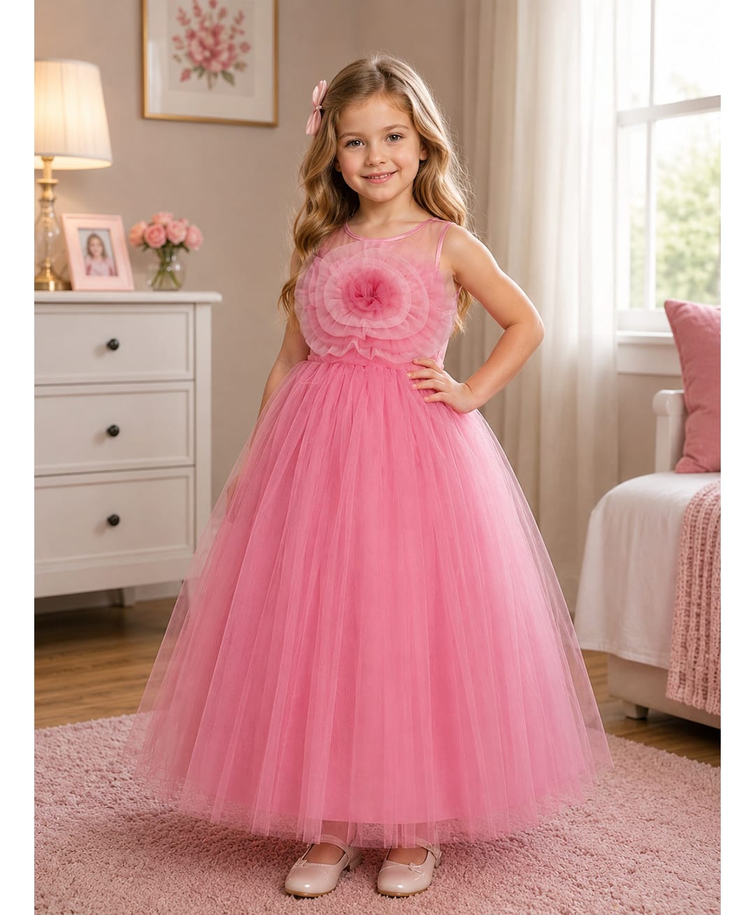 Toy Balloon Kids Satin Mesh Sleeveless Ruffle & Floral Applique Detailed Gown - Dusty Rose-image-28