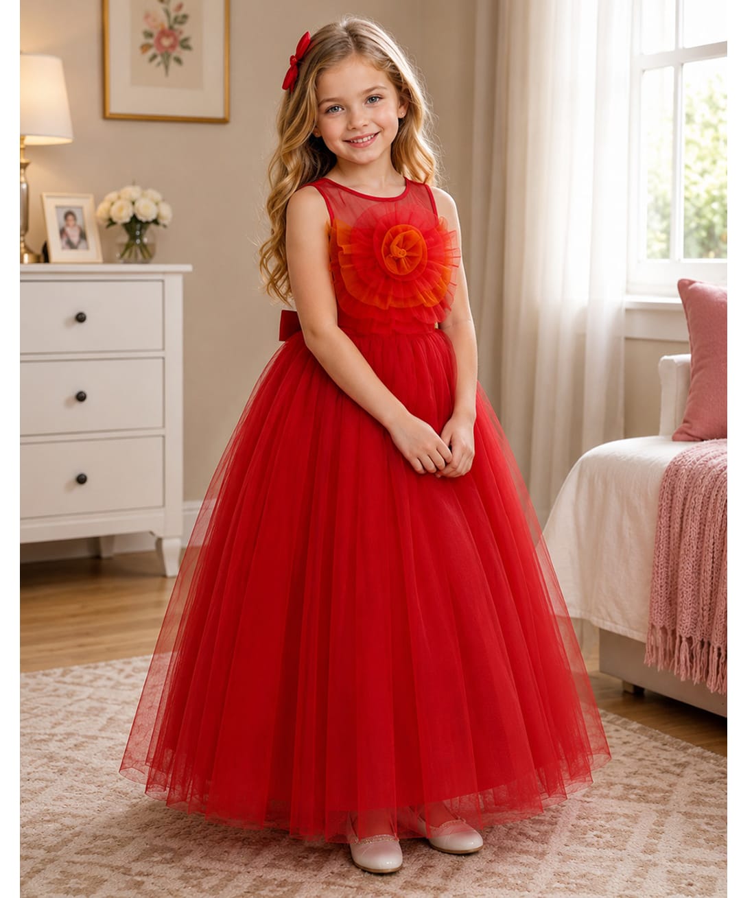 Toy Balloon Kids Satin Mesh Sleeveless Ruffle & Floral Applique Detailed Gown - Red-image-25