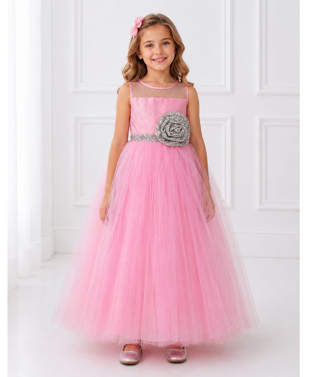 Toy Balloon Kids Satin Mesh Sleeveless Sequin Embellished Floral Applique Detailed Gown - Pink-image-45