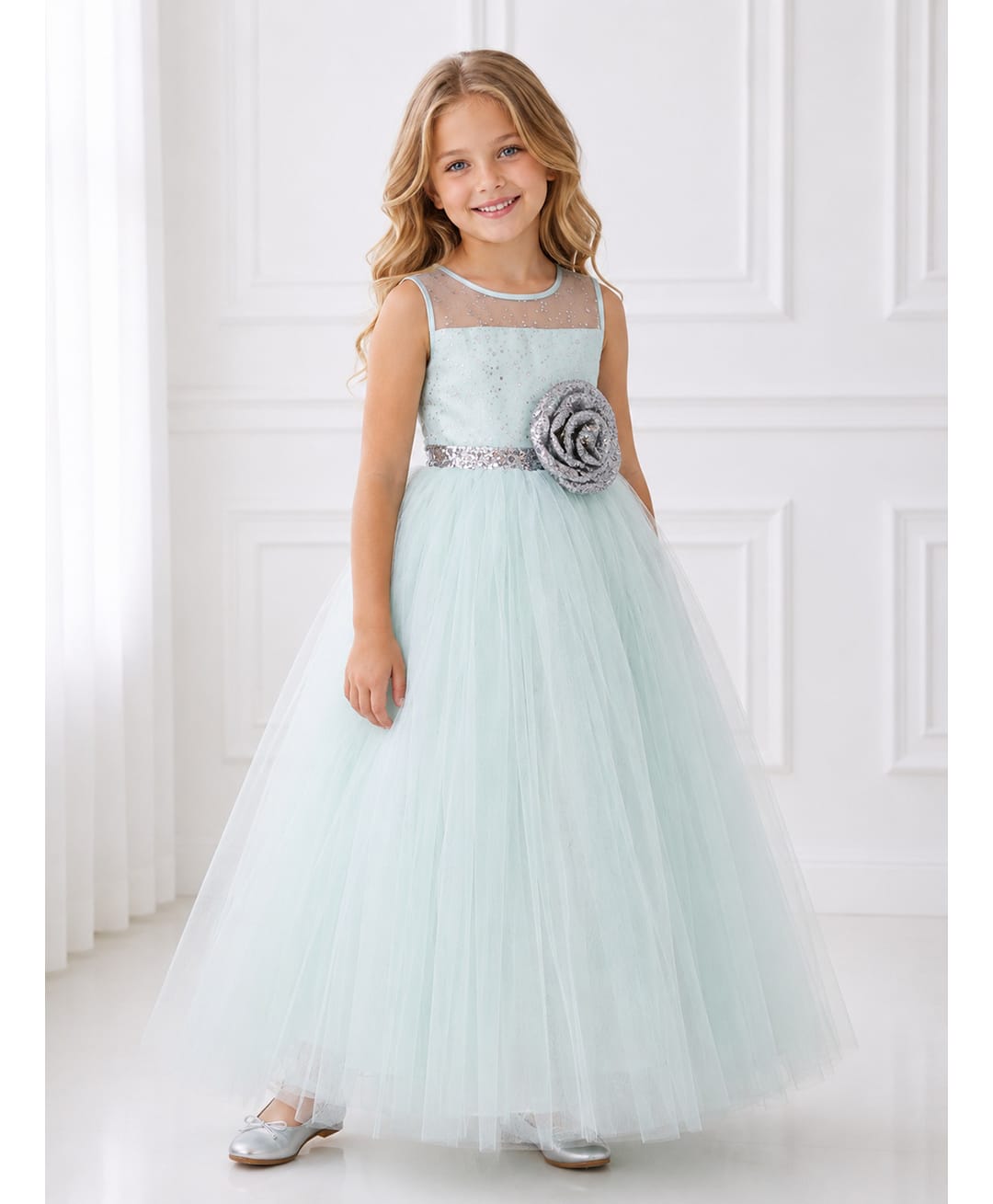 Toy Balloon Kids Satin Mesh Sleeveless Sequin Embellished Floral Applique Detailed Gown - Sea Green-image-11