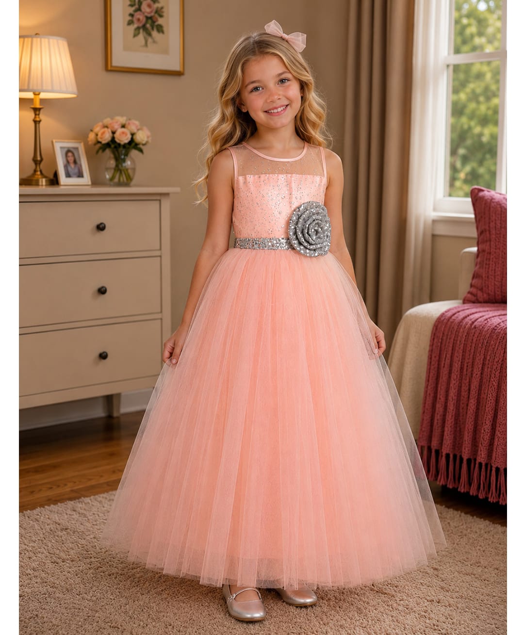 Toy Balloon Kids Satin Mesh Sleeveless Sequin Embellished Floral Applique Detailed Gown - Peach-image-26