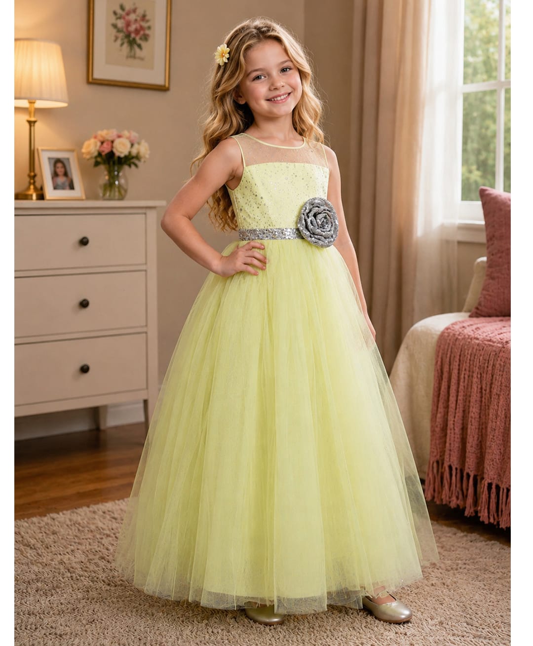 Toy Balloon Kids Satin Mesh Sleeveless Sequin Embellished Floral Applique Detailed Gown - Lemon Yellow-image-48