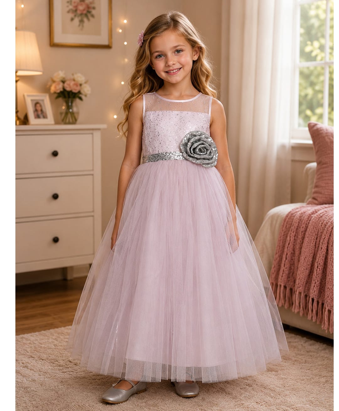 Toy Balloon Kids Satin Mesh Sleeveless Sequin Embellished Floral Applique Detailed Gown - Baby Pink-image-46
