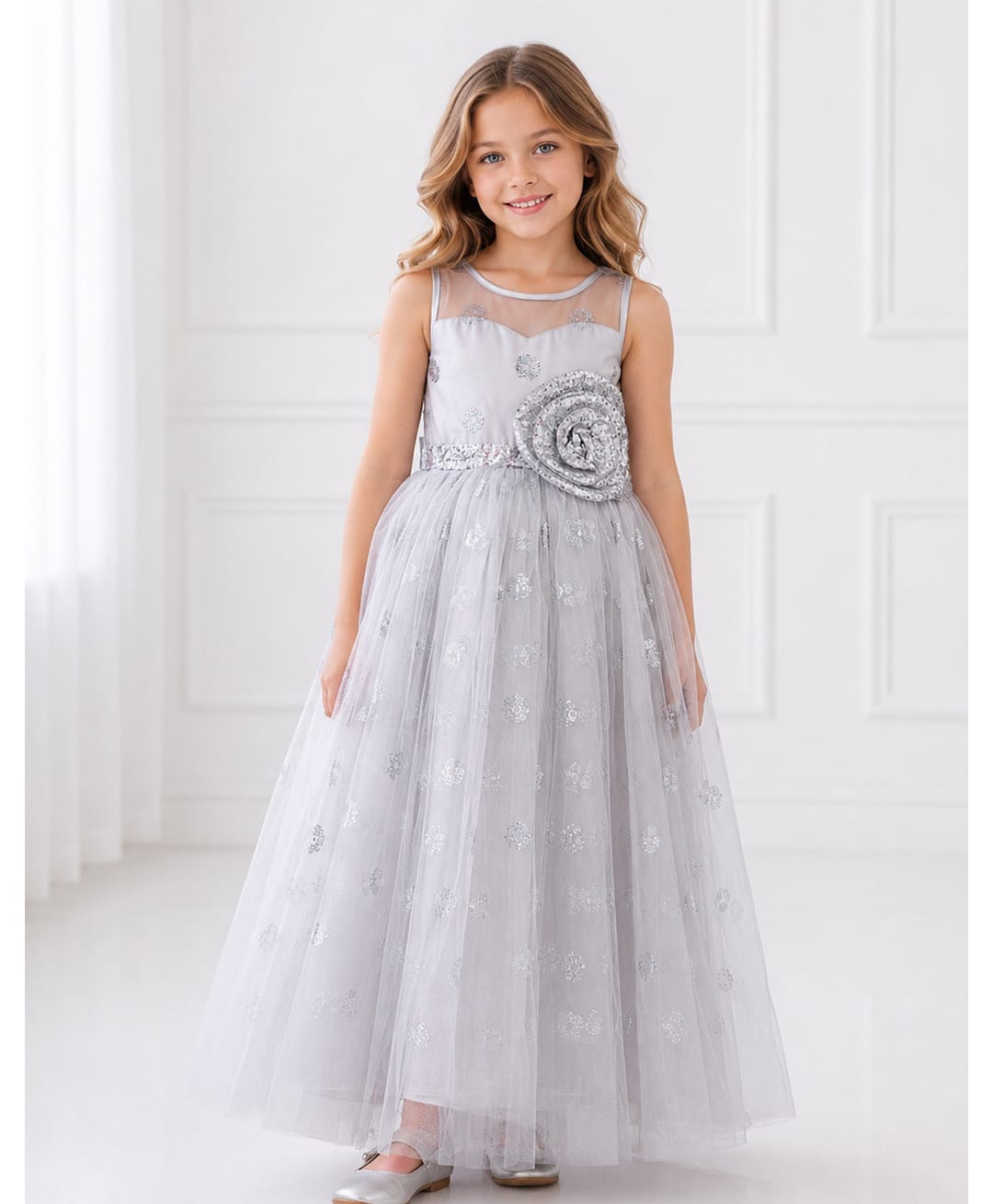 Toy Balloon Kids Satin Mesh Sleeveless Sequin Embellished Floral Applique Detailed Gown - Grey-image-23