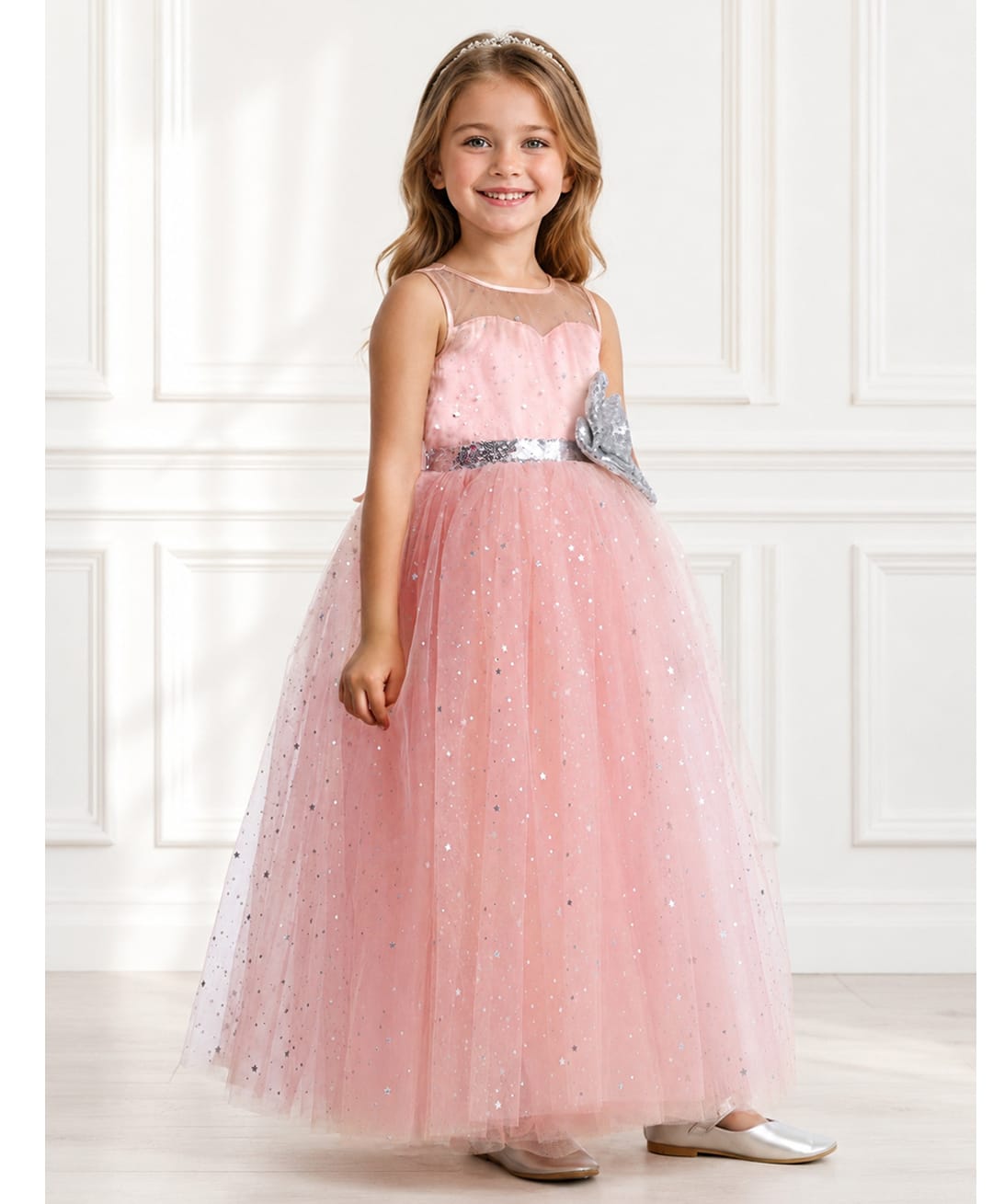 Toy Balloon Kids Satin Mesh Sleeveless Sequin Embellished Floral Applique Detailed Gown - Rose Pink-image-26