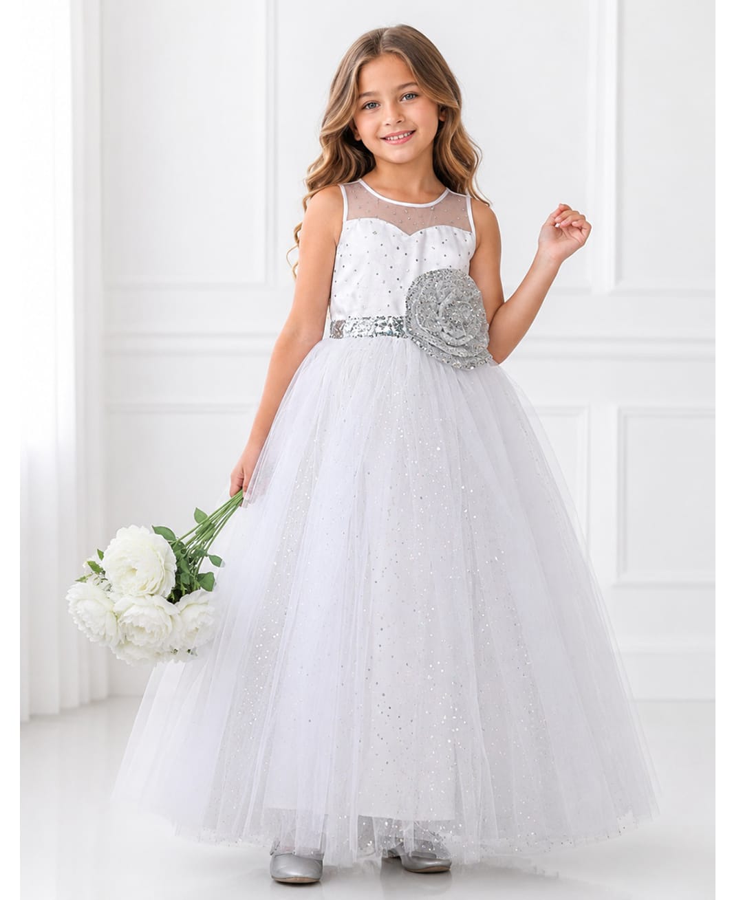 Toy Balloon Kids Satin Mesh Sleeveless Sequin Embellished Floral Applique Detailed Gown - White-image-32