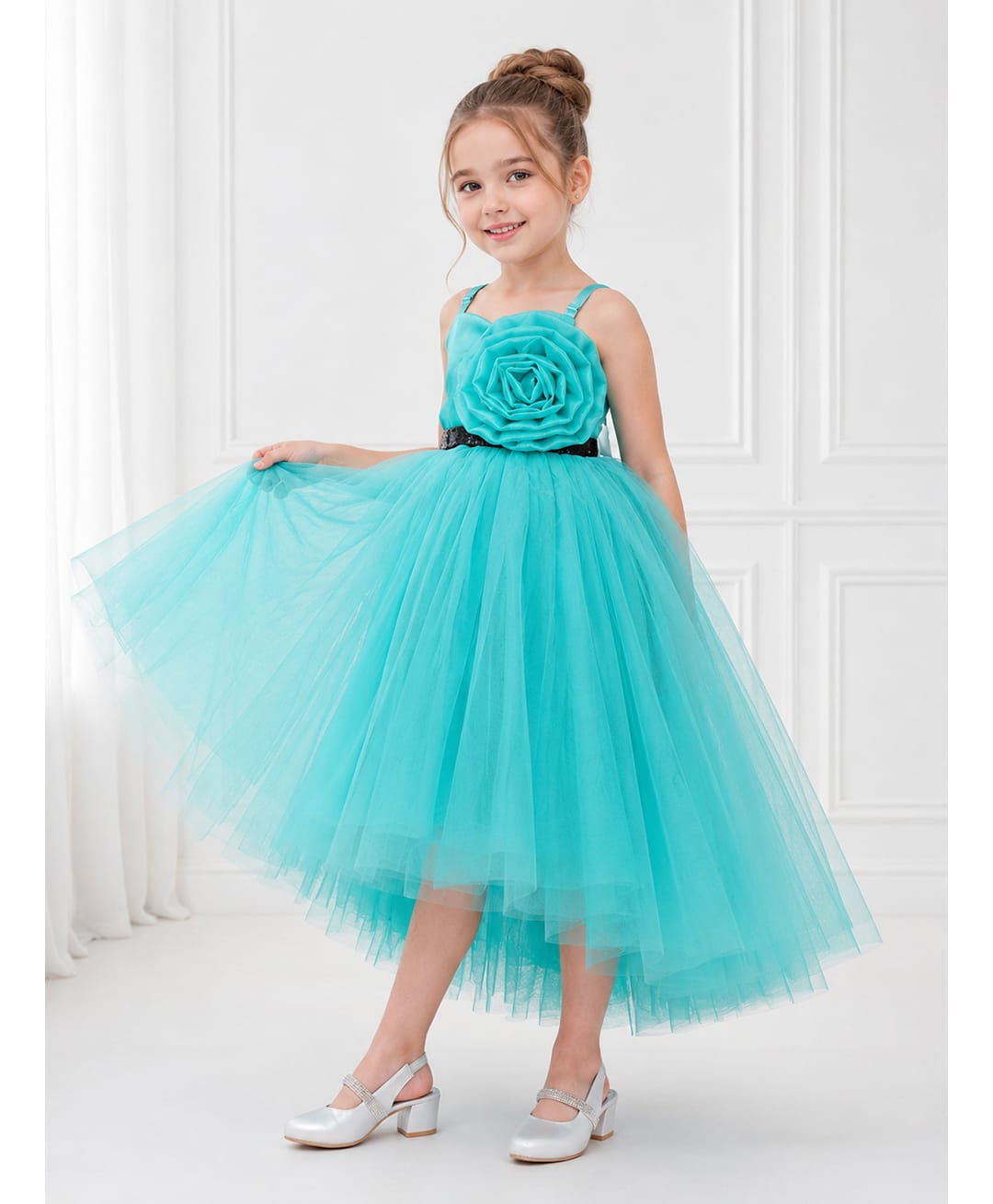 Toy Balloon Kids Satin Mesh Sleeveless Sequin Embellished Floral Applique Detailed High Low Dress - Rama Green-image-27