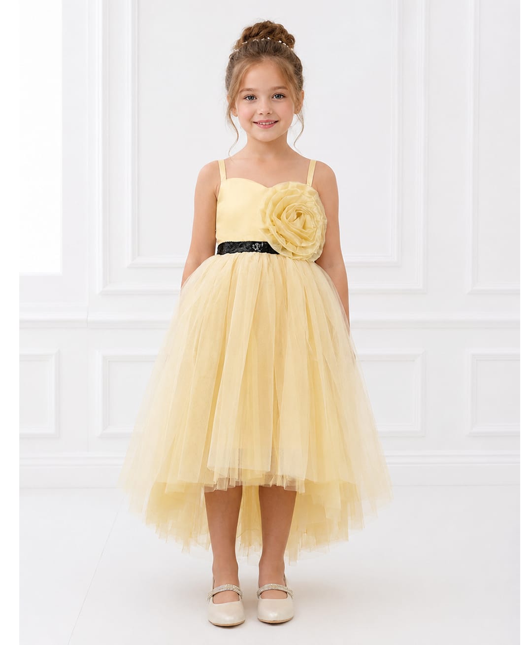 Toy Balloon Kids Satin Mesh Sleeveless Sequin Embellished Floral Applique Detailed High Low Dress - Golden-image-43