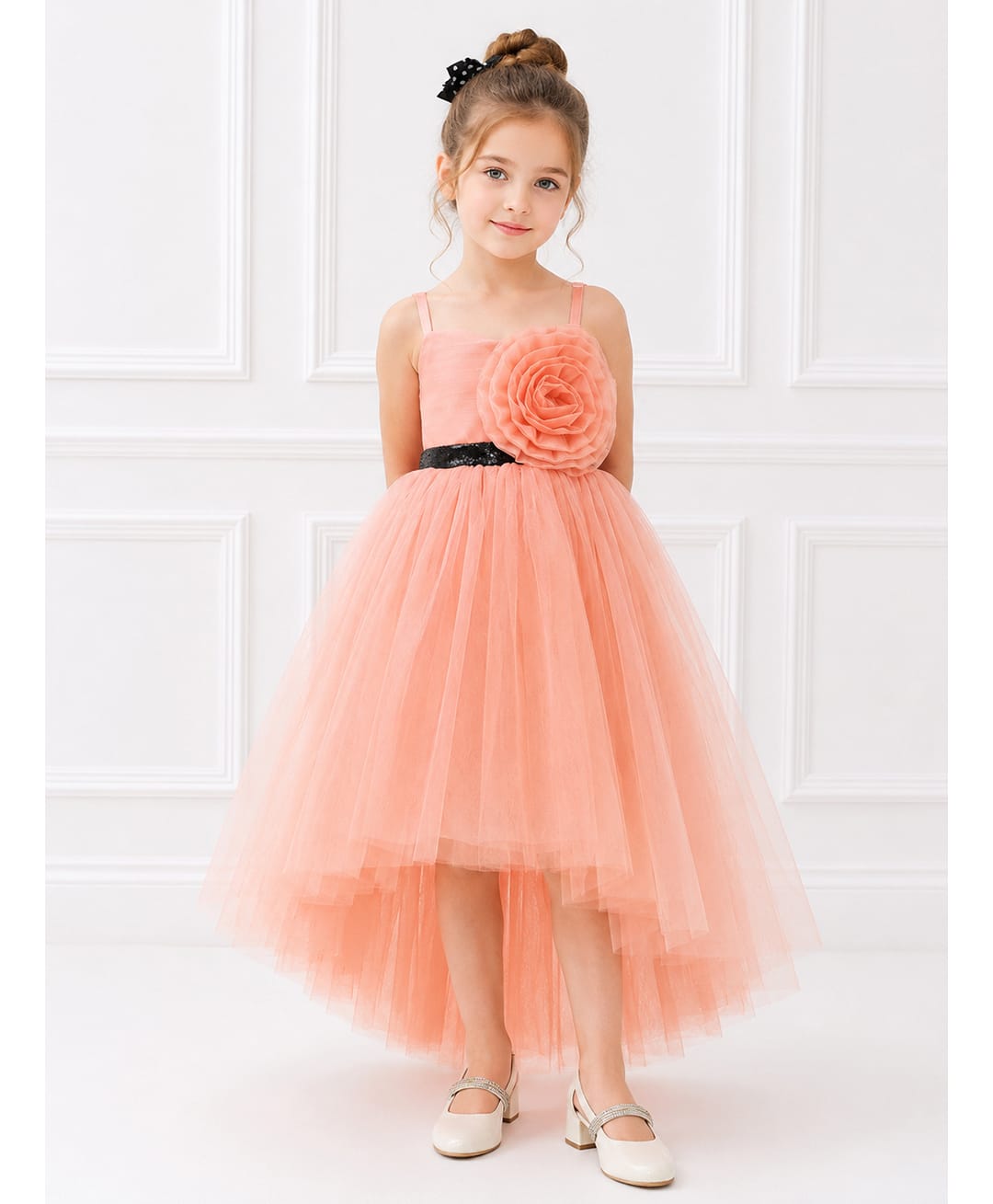 Toy Balloon Kids Satin Mesh Sleeveless Sequin Embellished Floral Applique Detailed High Low Dress - Peach-image-41