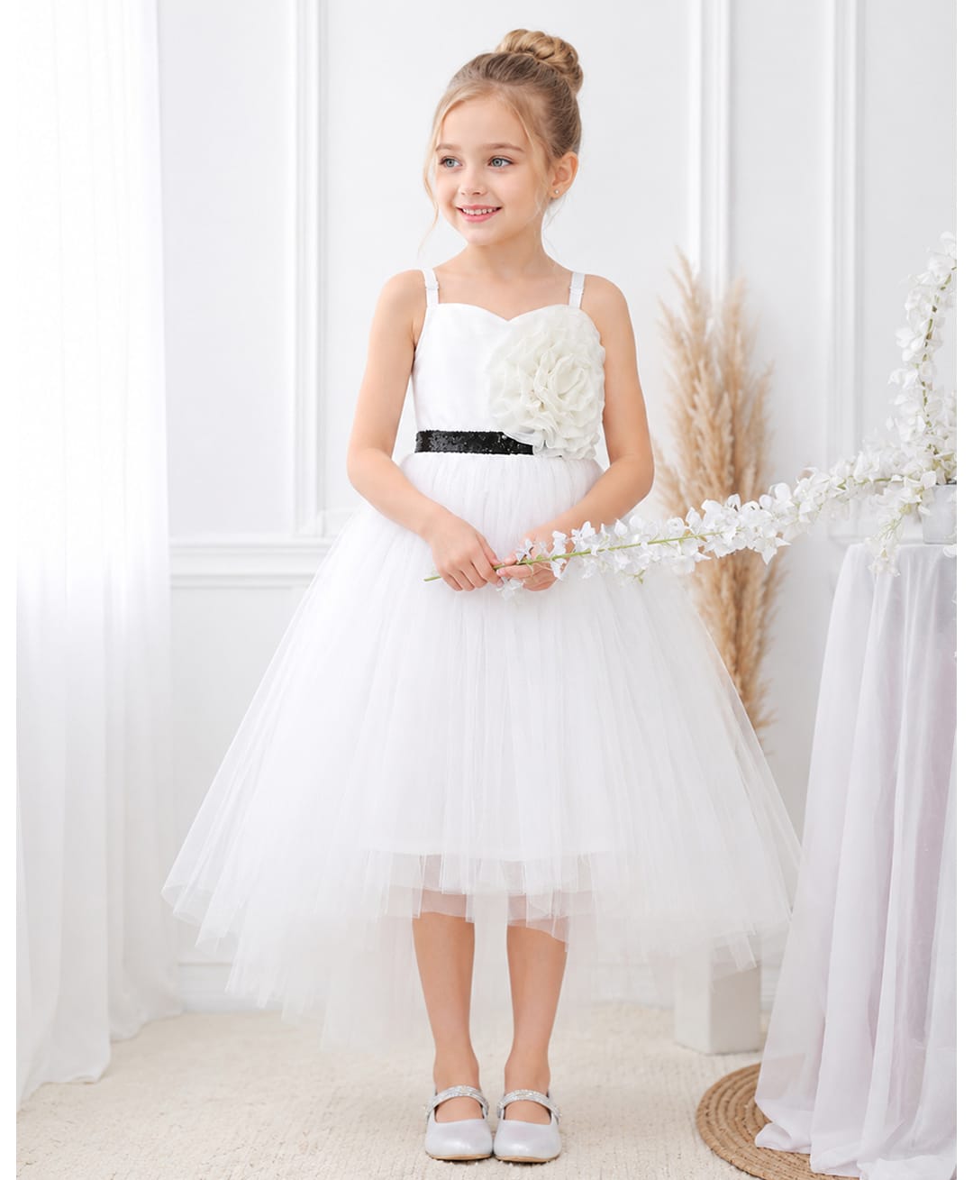 Toy Balloon Kids Satin Mesh Sleeveless Sequin Embellished Floral Applique Detailed High Low Dress - White-image-31