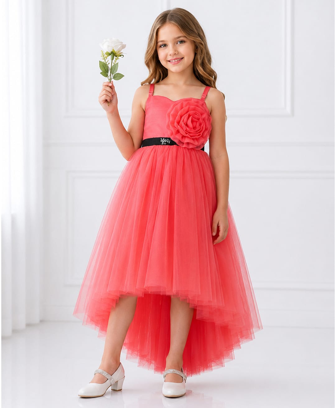 Toy Balloon Kids Satin Mesh Sleeveless Sequin Embellished Floral Applique Detailed High Low Dress - Coral-picture-21