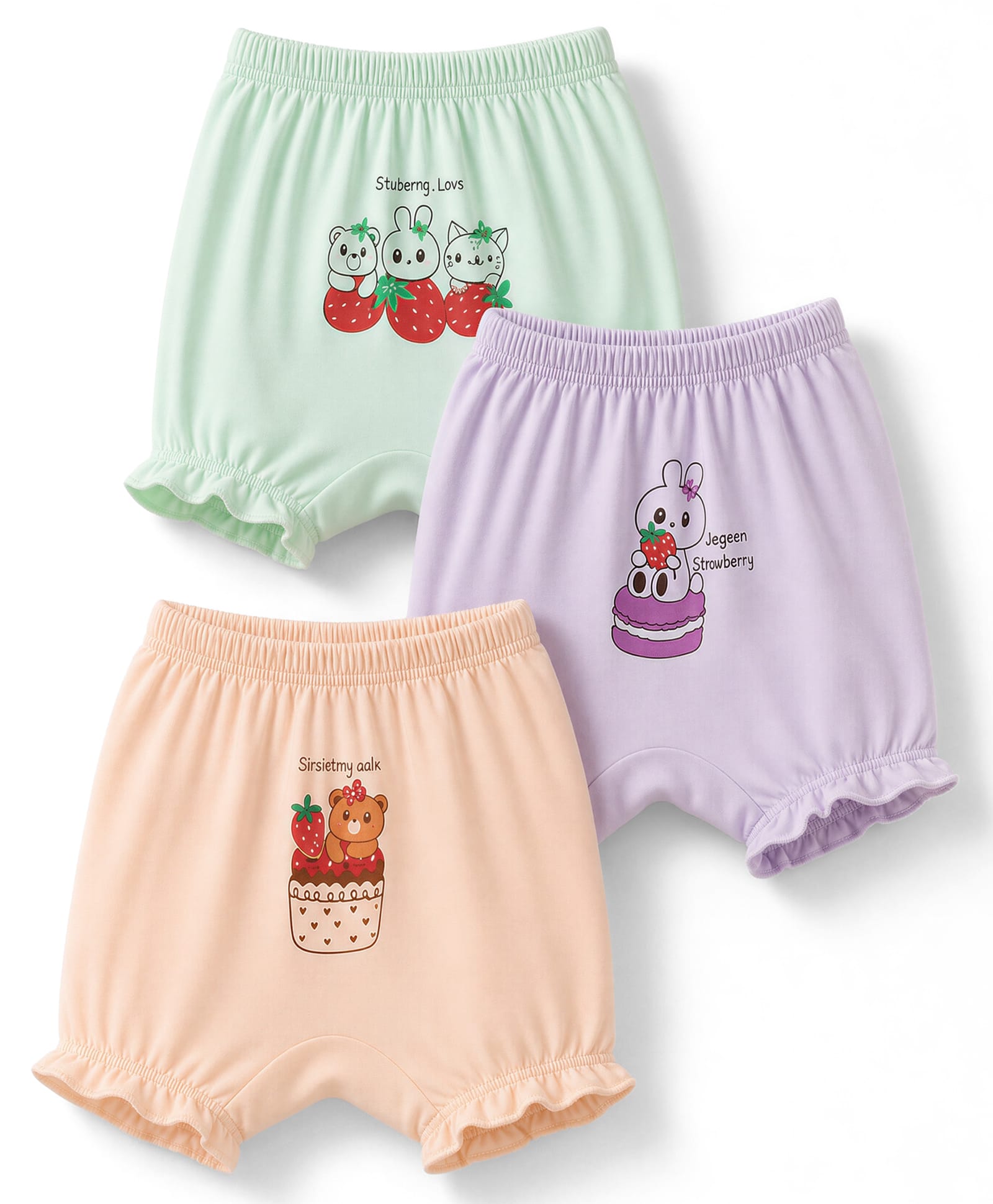 Simply Single Jersey Knit Bloomers With Teddy Bear Print Pack of 3 - Peach, Light Green & Lilac-image-44