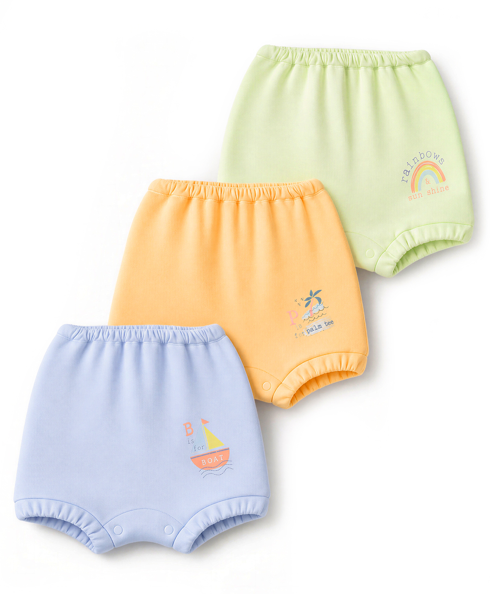 Simply Single Jersey Knit Bloomers With Boat & Rainbow Print Pack of 3 - Light Green, Light Blue & Beige-picture-15