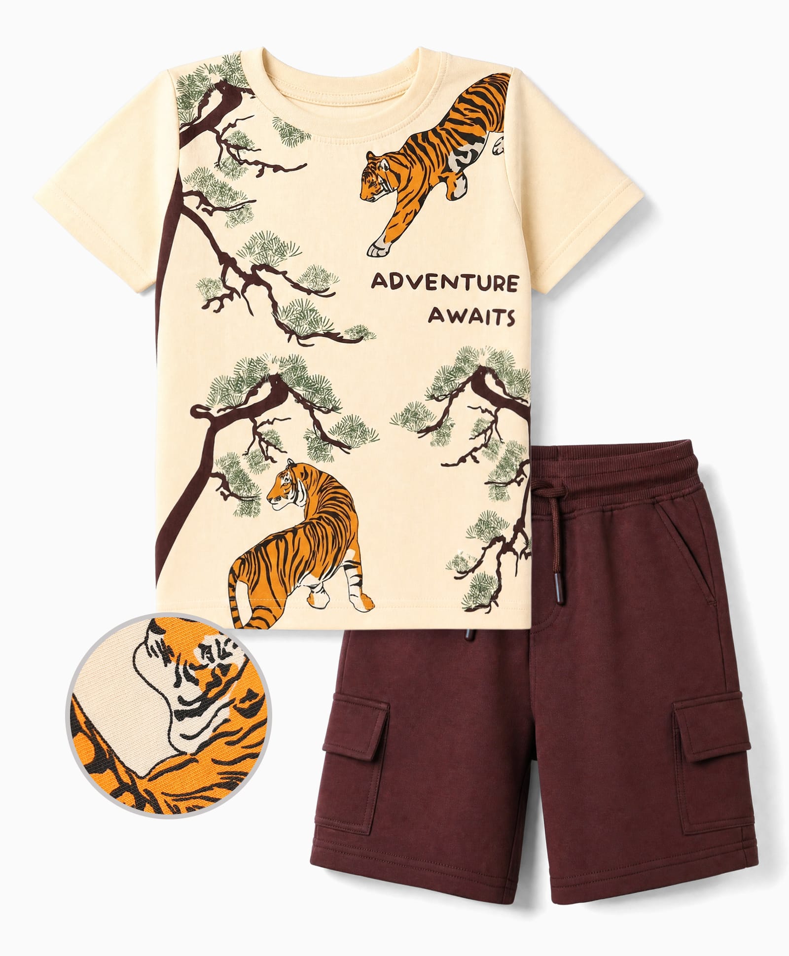 OLLINGTON ST. Cotton Sinker Knit Half Sleeves Jungle Theme Print T-Shirt & Shorts Set With Cargo Pockets - Brown & Off-White-image-43