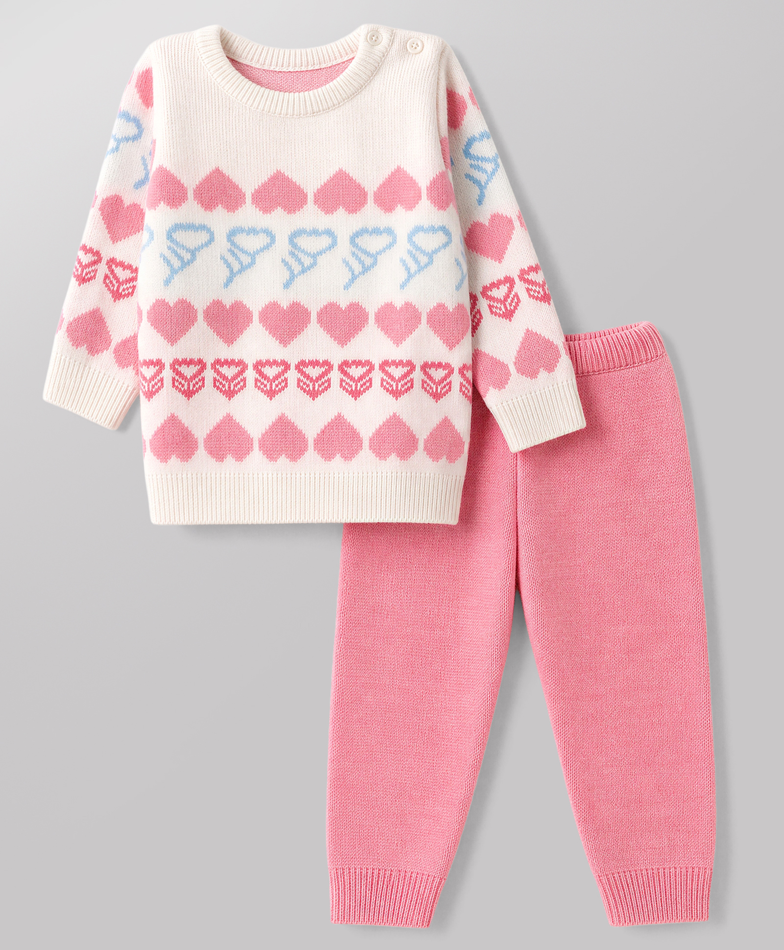 Babyoye Knit Full sleeves Sweater Set with Heart Design - Pink White & Blue-picture-10