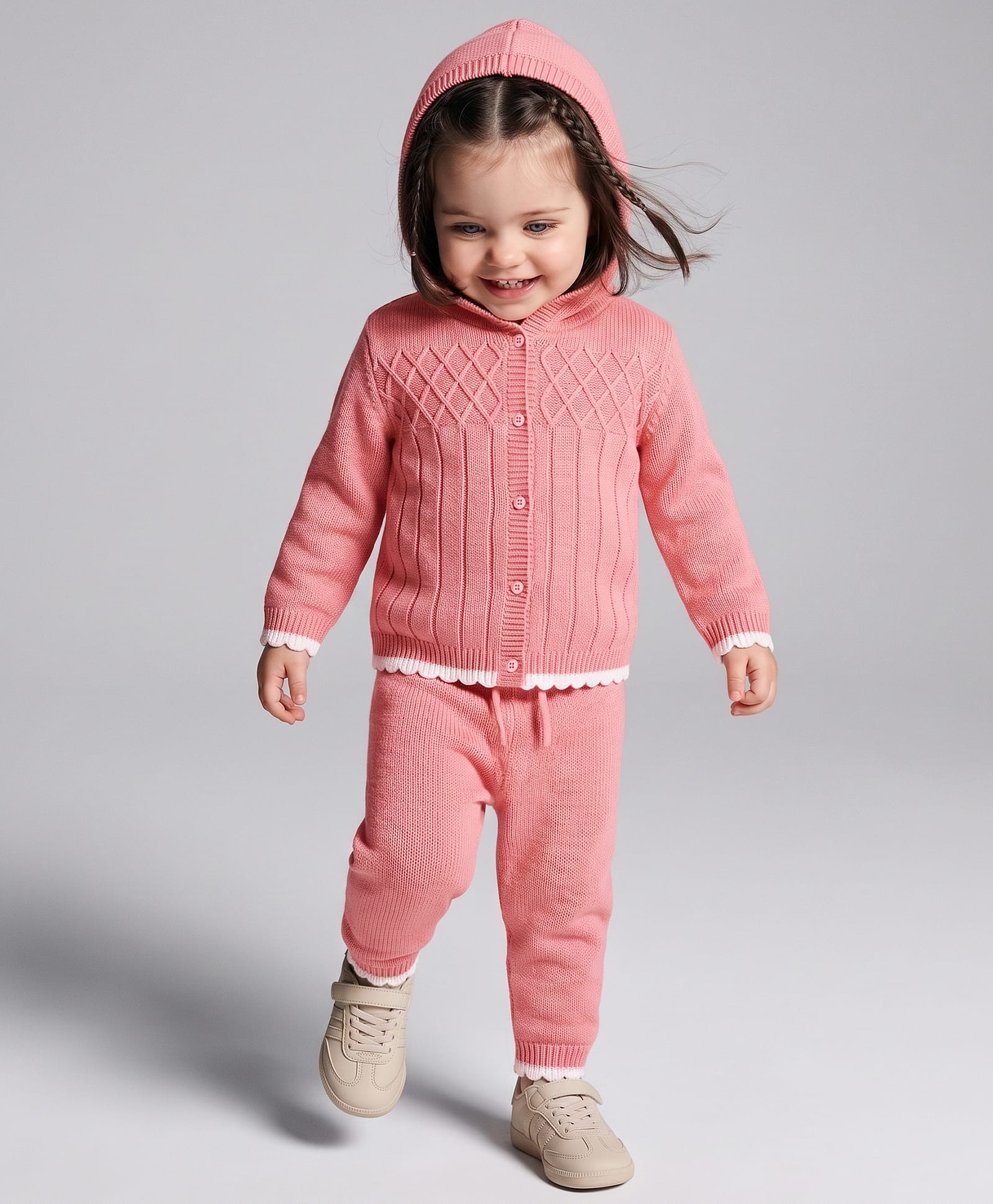 Babyoye Knit Baby Sweater Set with Cable Knit Design - Peach-image-39