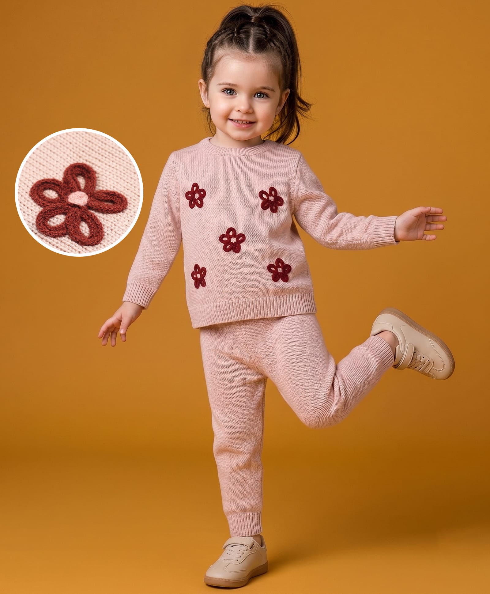 Babyoye Knit Full Sleeves Baby Sweater Set With Floral Embroidery - Peach-picture-25