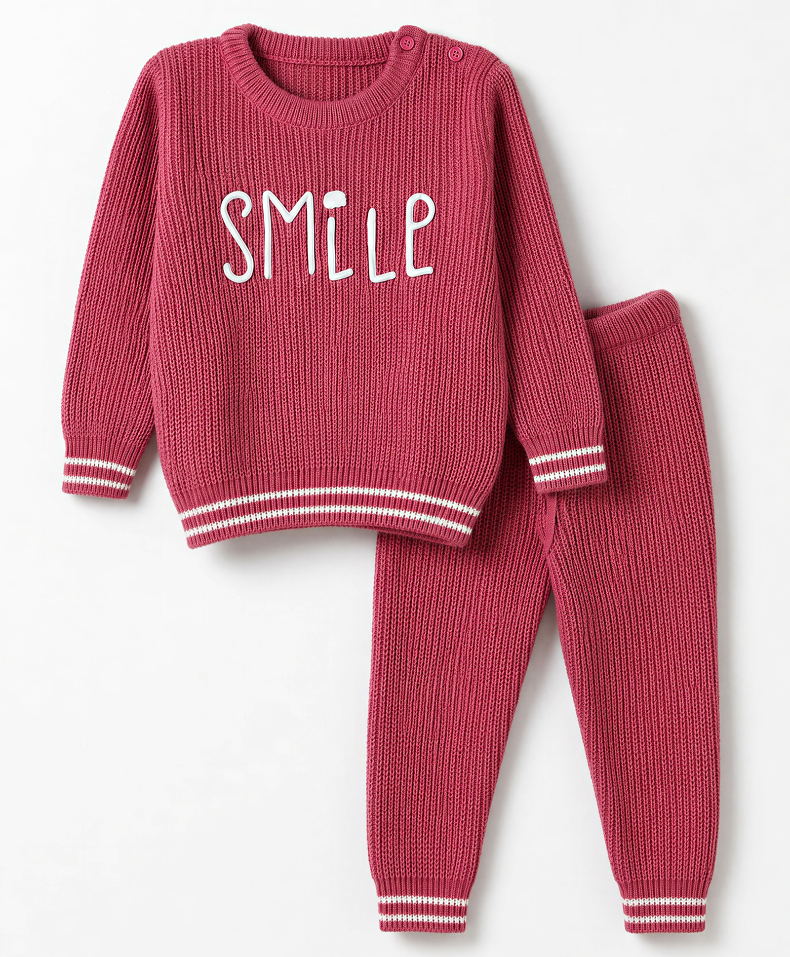 Babyoye Knit Full Sleeves Sweater Set with Smile Embroidery - Maroon-picture-11