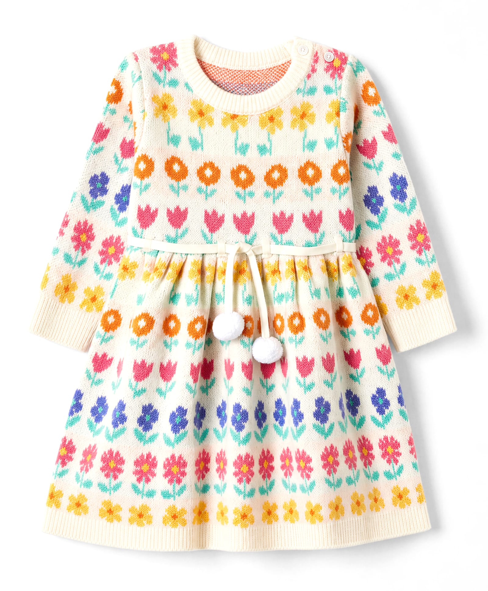 Babyoye Knit Full Sleeves Woolen Dress With Floral Design - White-picture-44