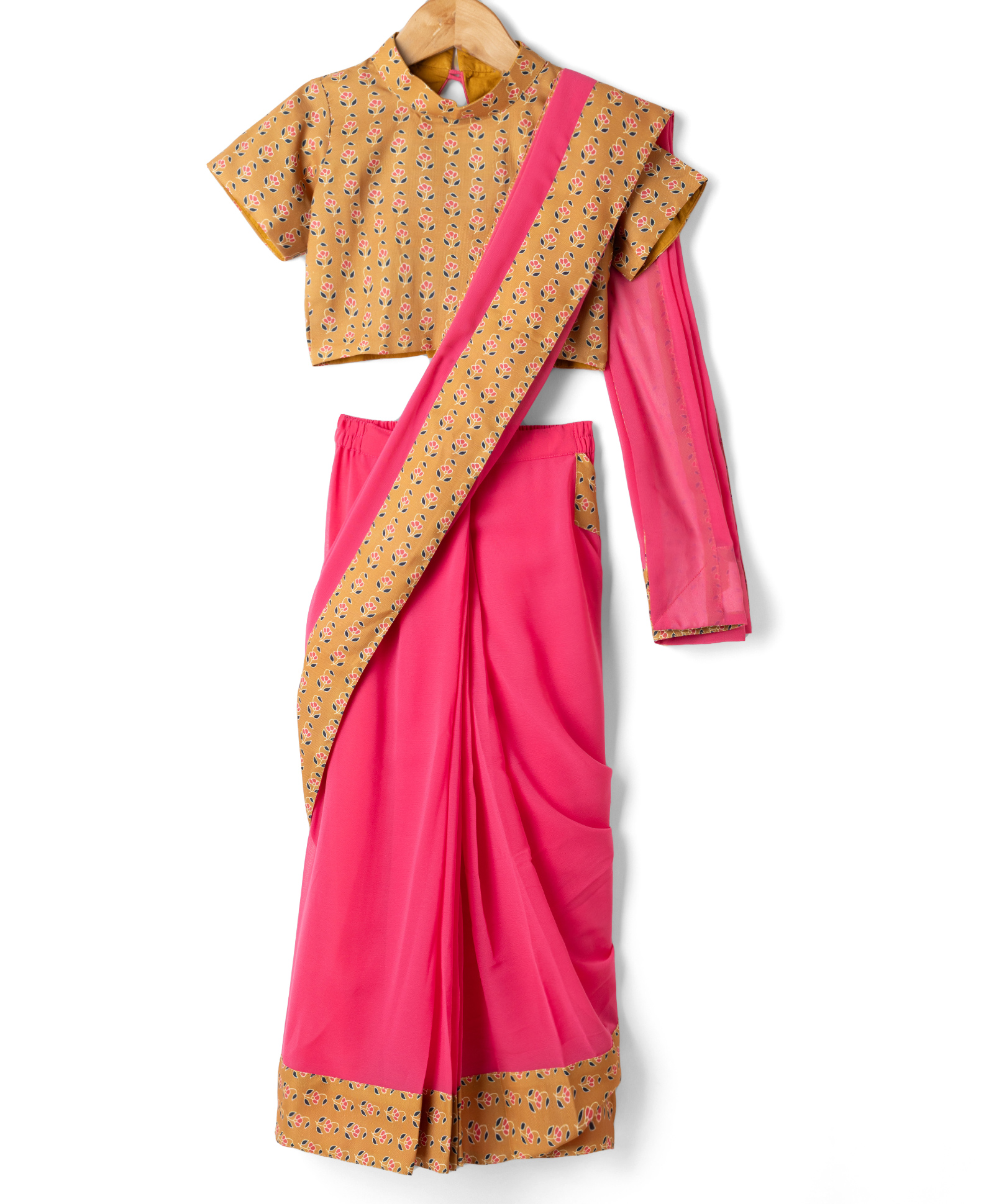 Little Bansi Cotton Silk Woven Half Sleeves Ready to wear Tulip Floral Printed Blouse & Ready to wear Georgette Saree - Pink-image-22